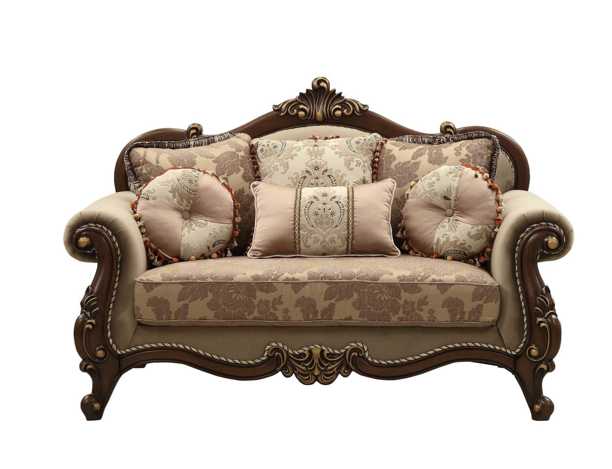 HomeRoots Upholstery, Wood Leg/Trim 38' X 69' X 45' Fabric Walnut Upholstery Wood Leg/Trim Loveseat w/6 Pillows