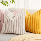 Decoruhome Faux Fur Spring Throw Pillow Covers 16X16 Set Of 2, Decorative Soft Plush Striped Couch Pillow Covers With Velvet Back For Sofa, Bed, Living Room, Beige