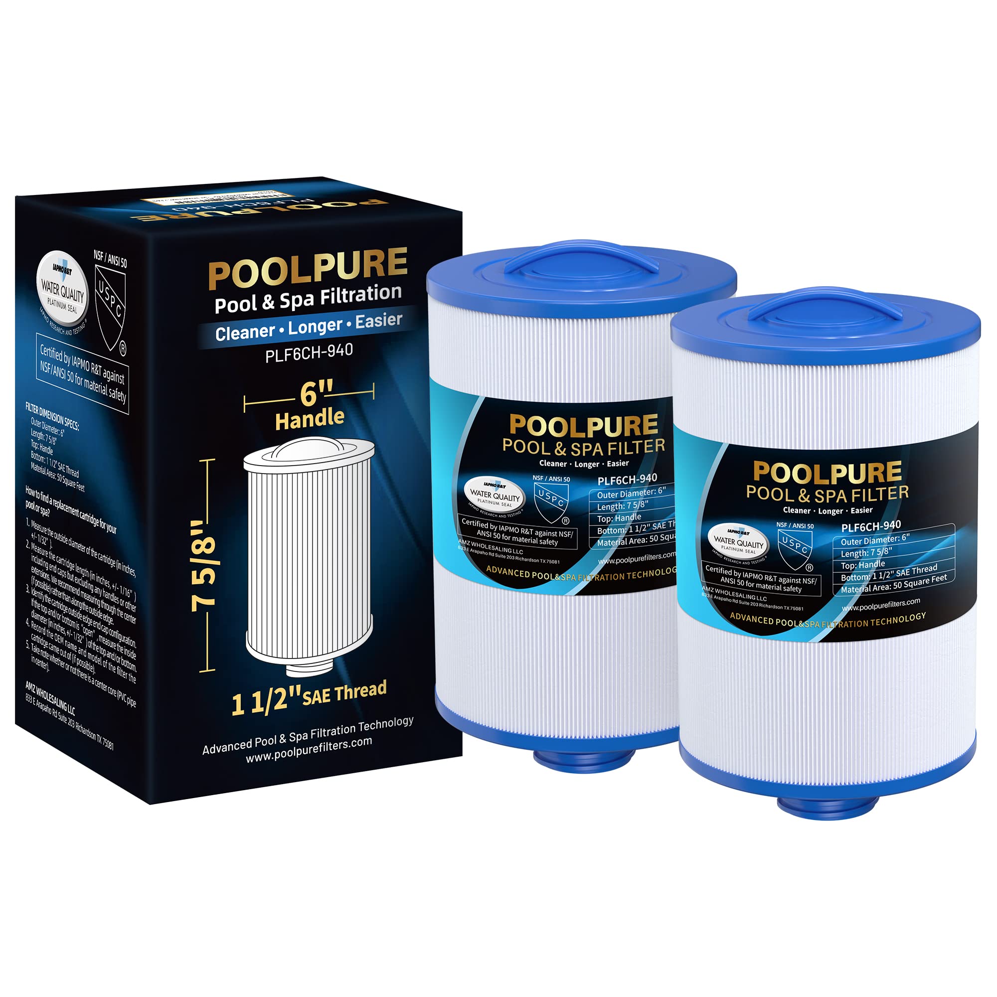 Poolpure 6Ch-940 Spa Filter Replaces Pww50P3(1 1/2' Coarse Thread), 817-0050, Filbur Fc-0359, 25252, 03Fil1400, Waterway Front