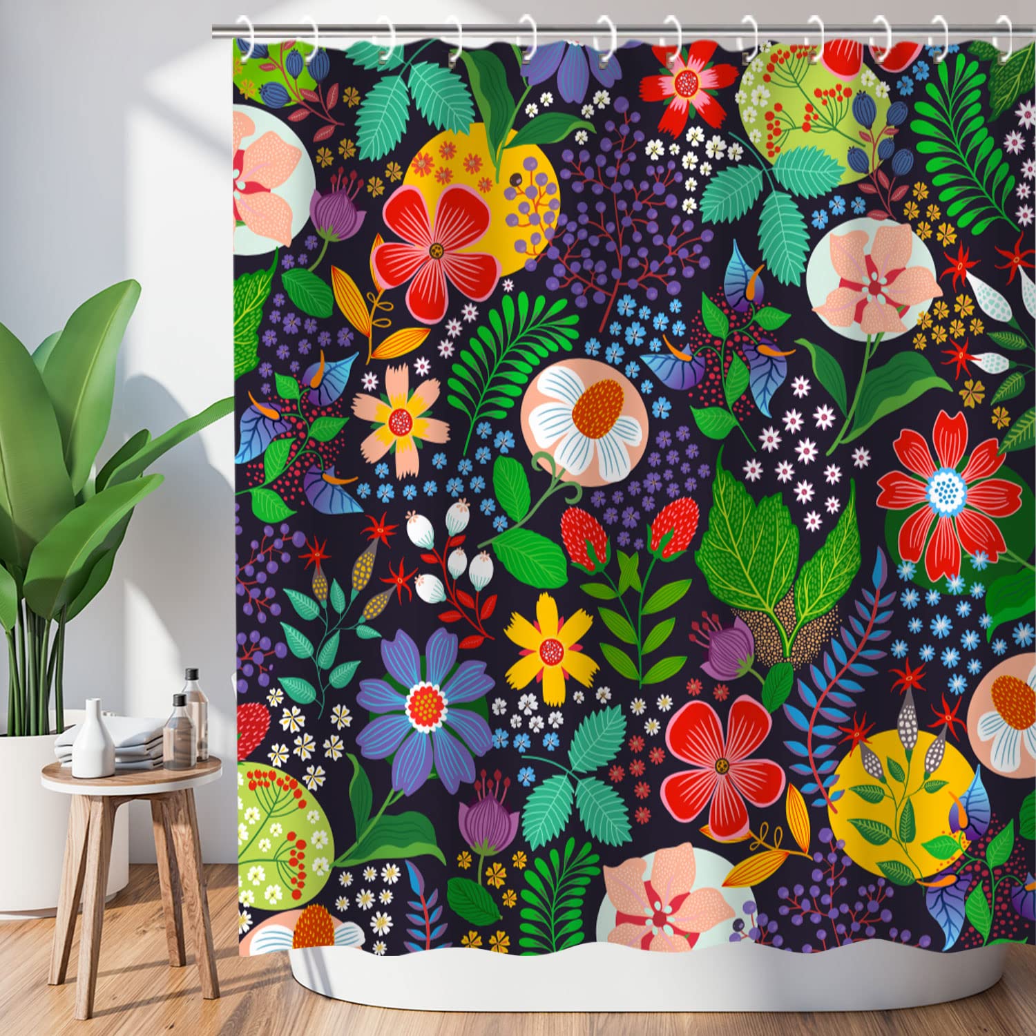 LIVILAN Floral Shower Curtain Flower Shower Curtain Colorful Shower Curtain Boho Black Floral Dark Shower Curtain Unique Bohemia