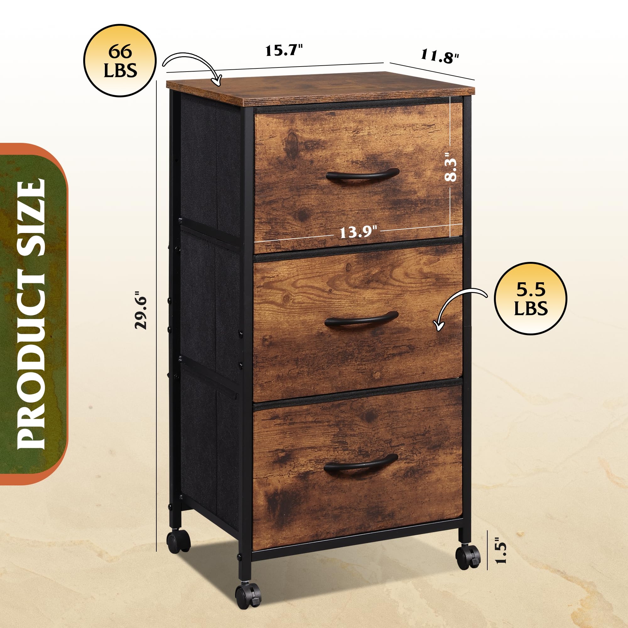 Wlive Dresser With 3 Drawers, Fabric Nightstand, Cabinet With Wheels, Organizer Storage Dresser For Bedroom, Office, Closets, Sturdy Steel Frame, Easy Pull Handle, Rustic Brown Wood Grain Print