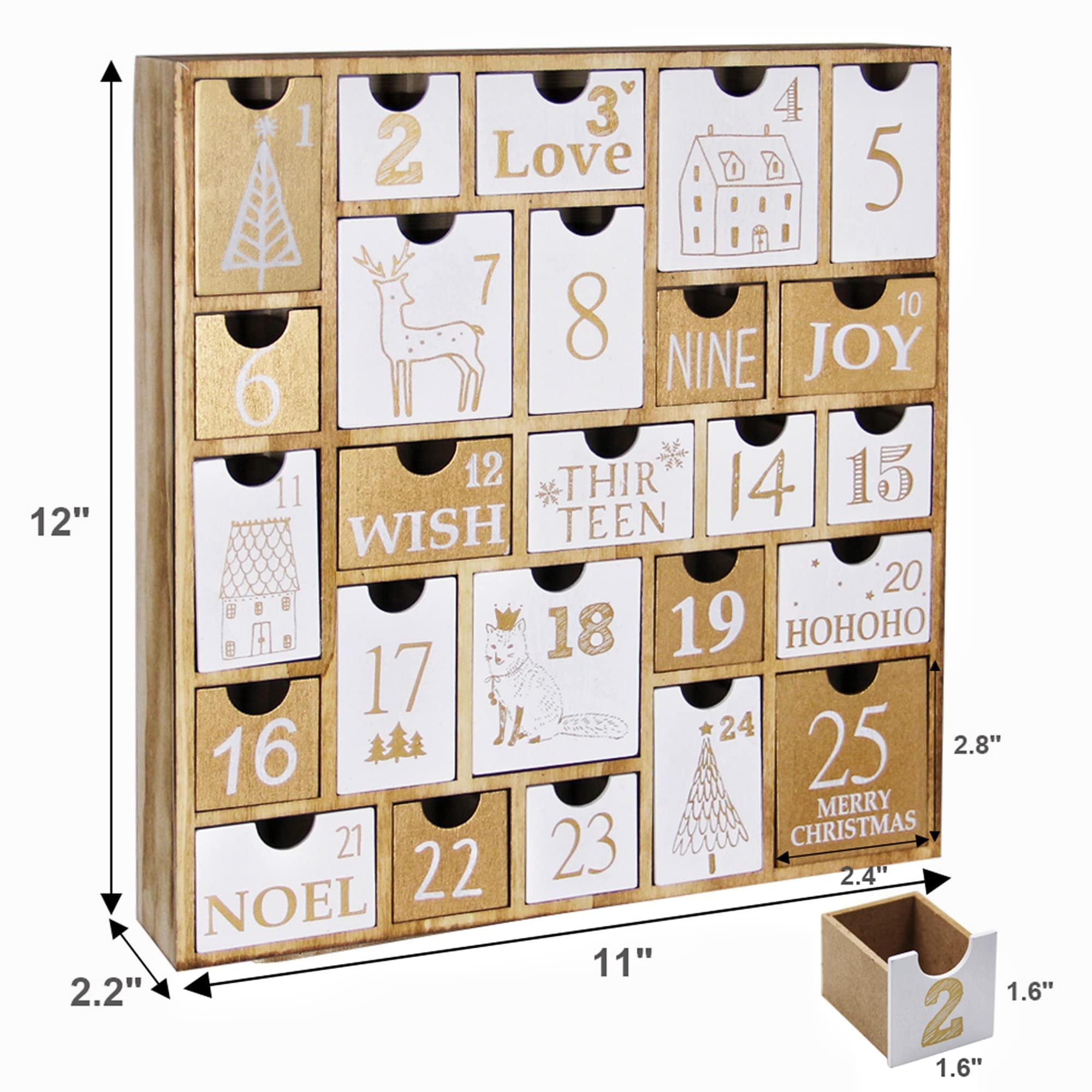 Juegoal Advent Calendar With 25 Drawers Countdown To Christmas, Refillable Wooden Advent Xmas Gift For Kids, 12 Inches Tall