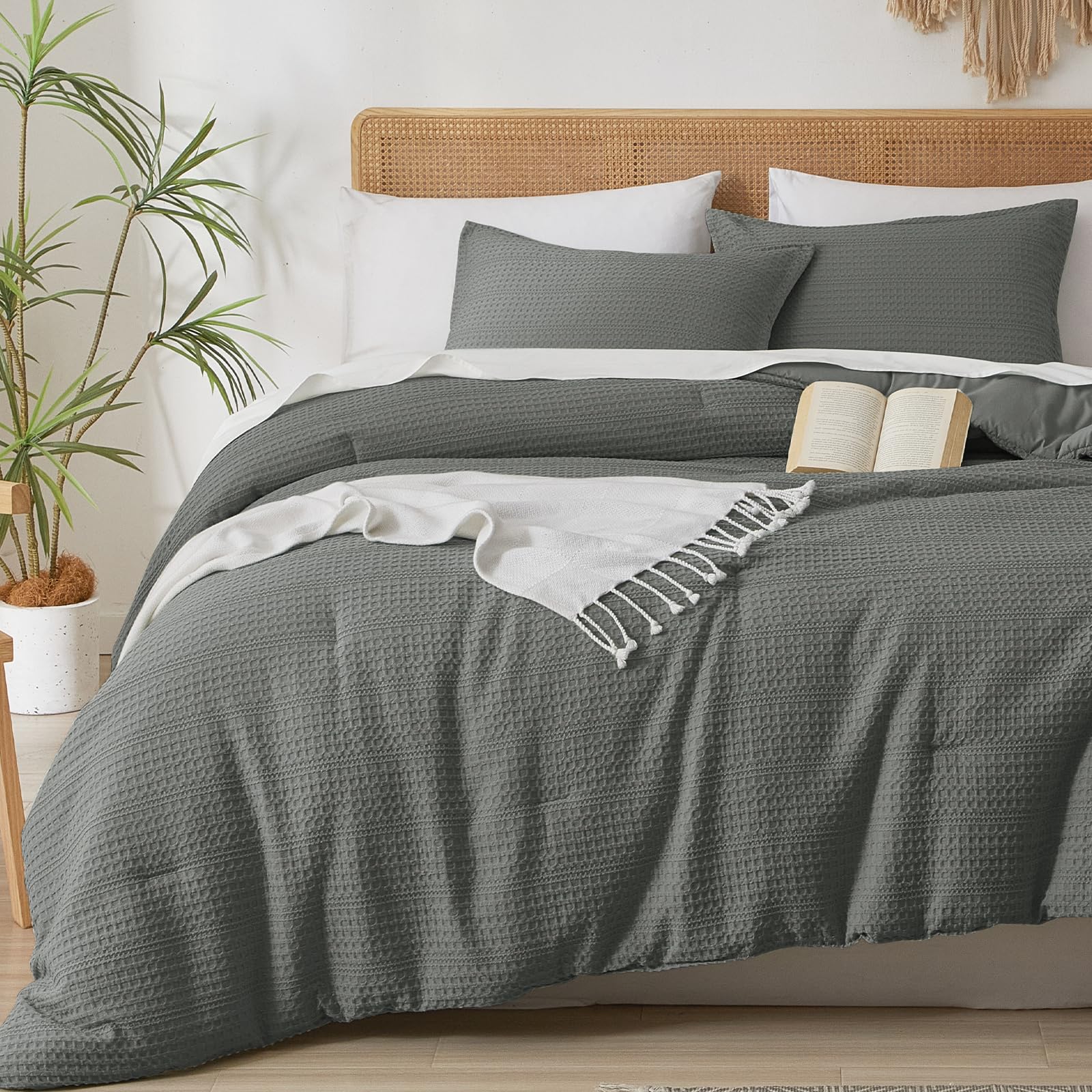 Phf 3 Pieces Grey Waffle Weave Comforter Set King Size - Ultra Soft Textured Waffle Comforter With 2 Pillow Shams, Lightweight B