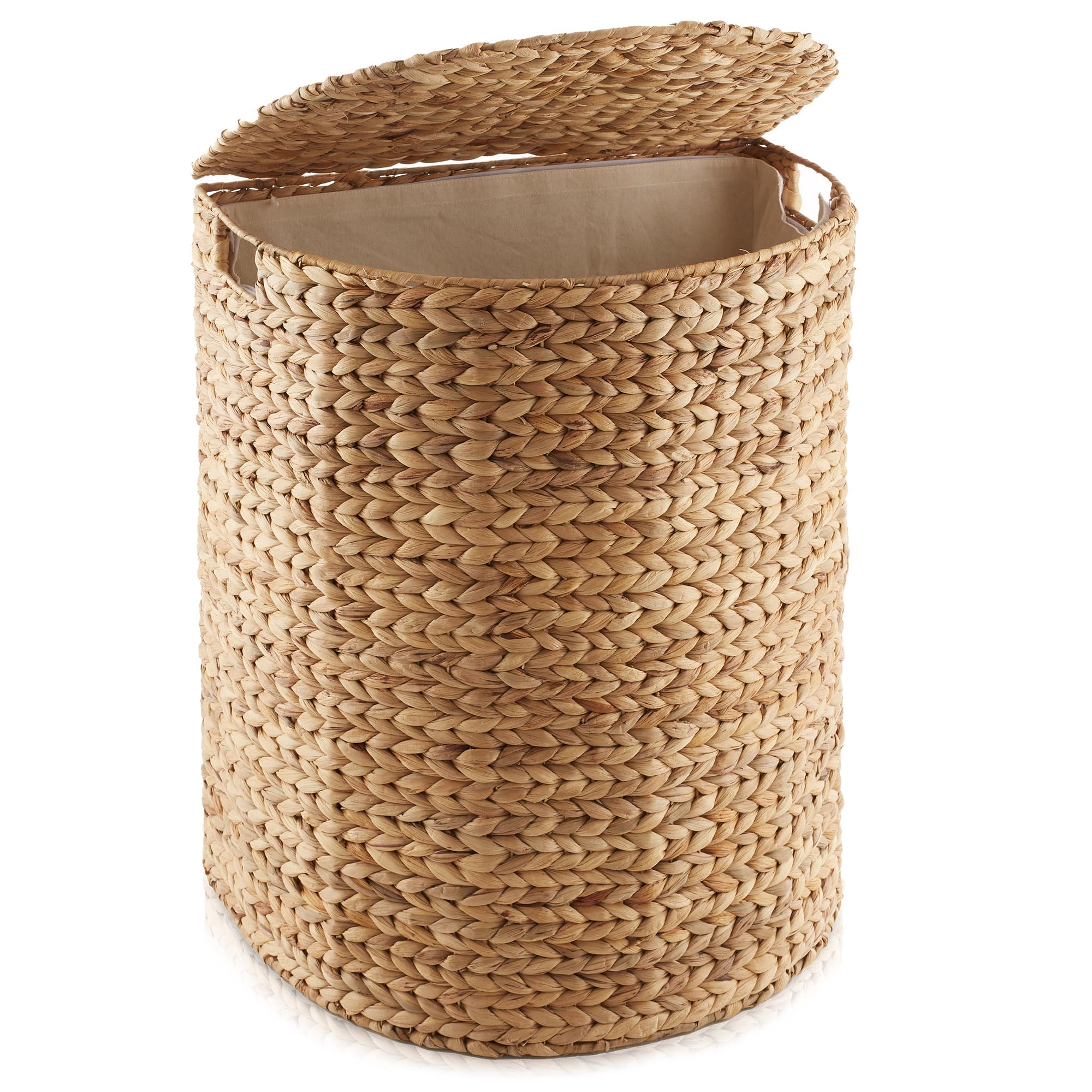 Casafield Half Moon Laundry Hamper with Lid and Removable Liner Bag - Natural, Woven Water Hyacinth Laundry Basket for Clothes a