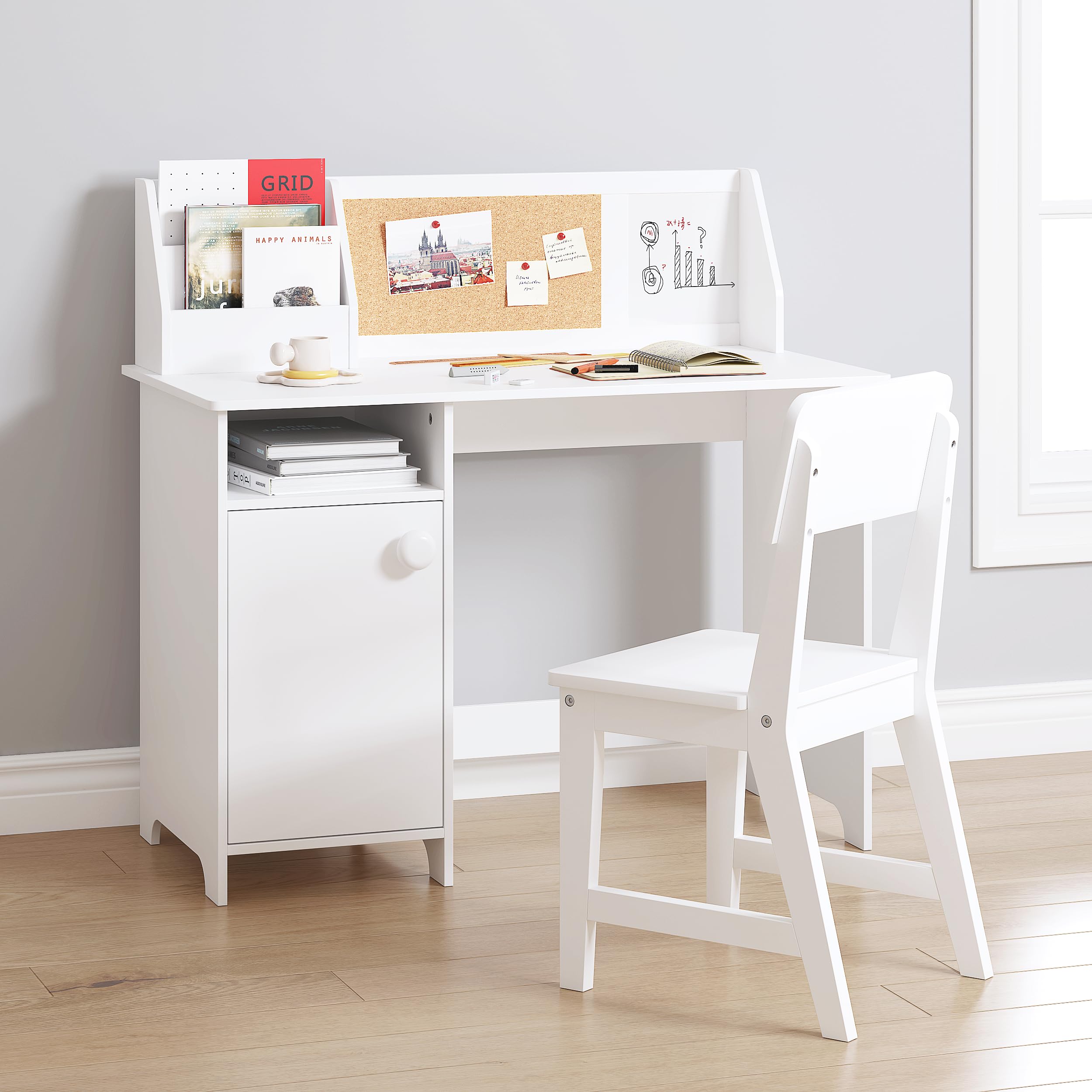 Utex Kids Study Desk With Chair, Wooden Children School Study Table With Hutch And Chair For 3-8 Years Old, Student'S Study Computer Workstation & Writing Table For Home School Use