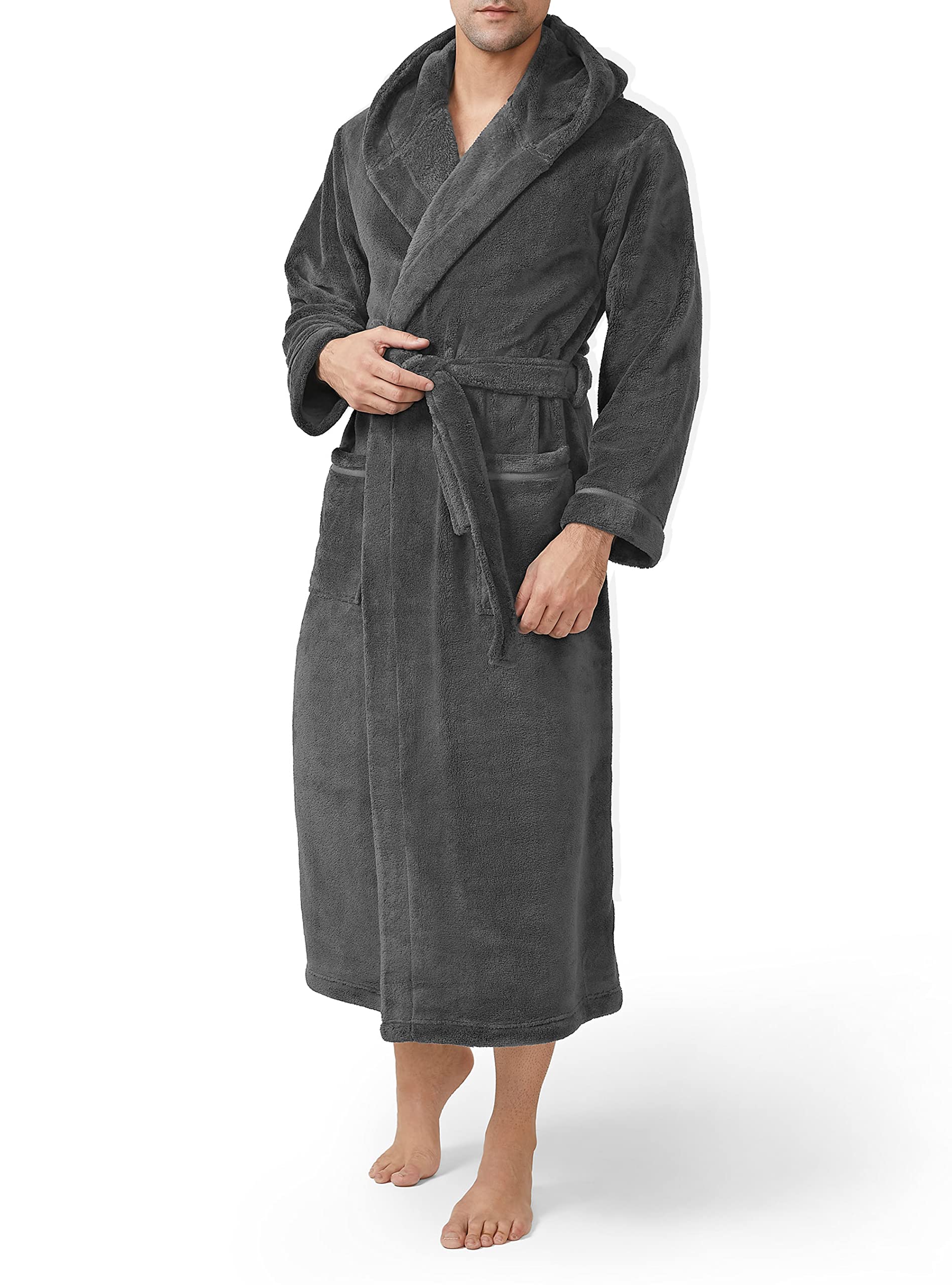David Archy Mens Hooded Robe Plush Coral Fleece Warm Cozy Long Bathrobe (M, Dark Gray)