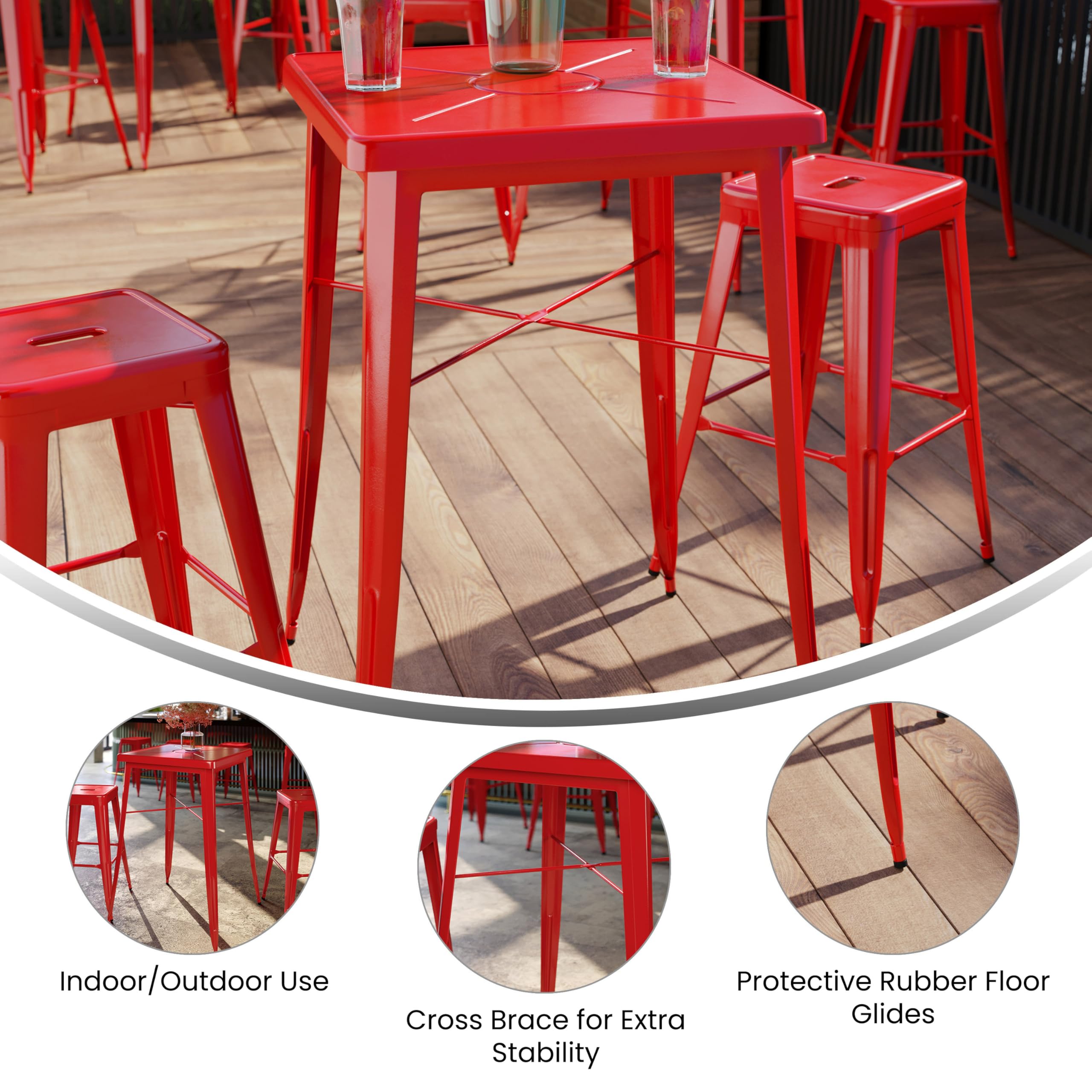 Flash Furniture Aaron Commercial Grade 23.75&quot; Square Red Metal Indoor-Outdoor Bar Height Table