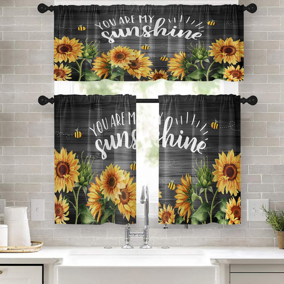 Tayney Sunflower Kitchen Curtains Farmhouse Window Curtains Valance And Tier Set 36 Inch, Wooden Background Rod Pocket Short Tie