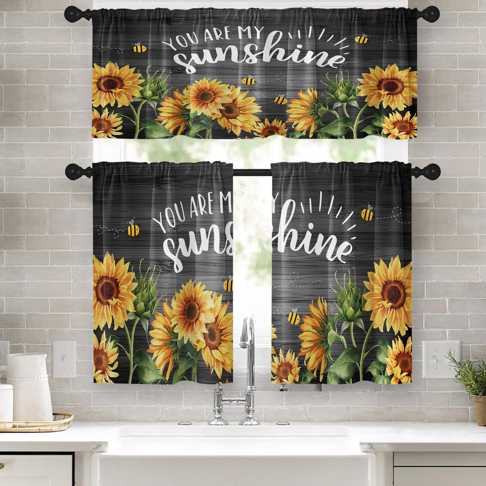 Tayney Sunflower Kitchen Curtains Farmhouse Window Curtains Valance And Tier Set 36 Inch, Wooden Background Rod Pocket Short Tie