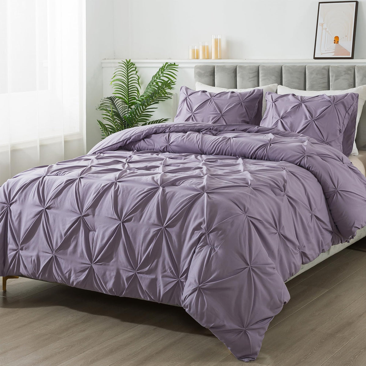 Andency Grayish Purple Pinch Pleat Comforter King(104X90Inch), All Season 3 Pieces Boho Lightweight Solid Microfiber Down Alternative Comforter Bedding Set(1 Pintuck Comforter, 2 Pillowcases)