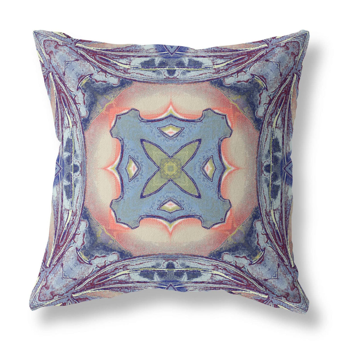 HomeRoots Sky Blue Indigo Muted Peach 20â€ Indigo Peach Geo Tribal Suede Throw Pillow