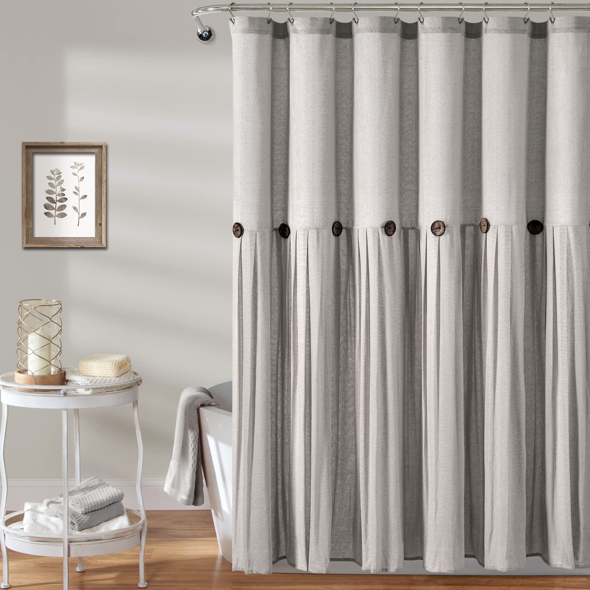 Lush Decor Linen Button Shower Curtain, 72'' W x 72'' L, Gray - Rustic Shower Curtain - Color Block Bath Curtain With Coconut Bu