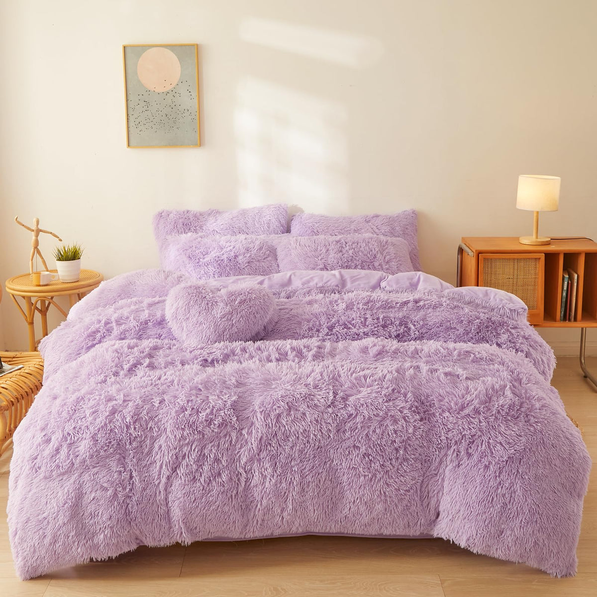 Foppa Lilac Plush Fluffy Comforter Cover Set Queen - Ultra Soft Faux Fur Lilac Bedding Sets 3 Pieces (1 Plush Duvet Cover + 2 Sh