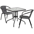 Flash Furniture Lila 28'' Square Glass Metal Table with Gray Rattan Edging and 2 Gray Rattan Stack Chairs
