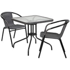 Flash Furniture Lila 28'' Square Glass Metal Table with Gray Rattan Edging and 2 Gray Rattan Stack Chairs