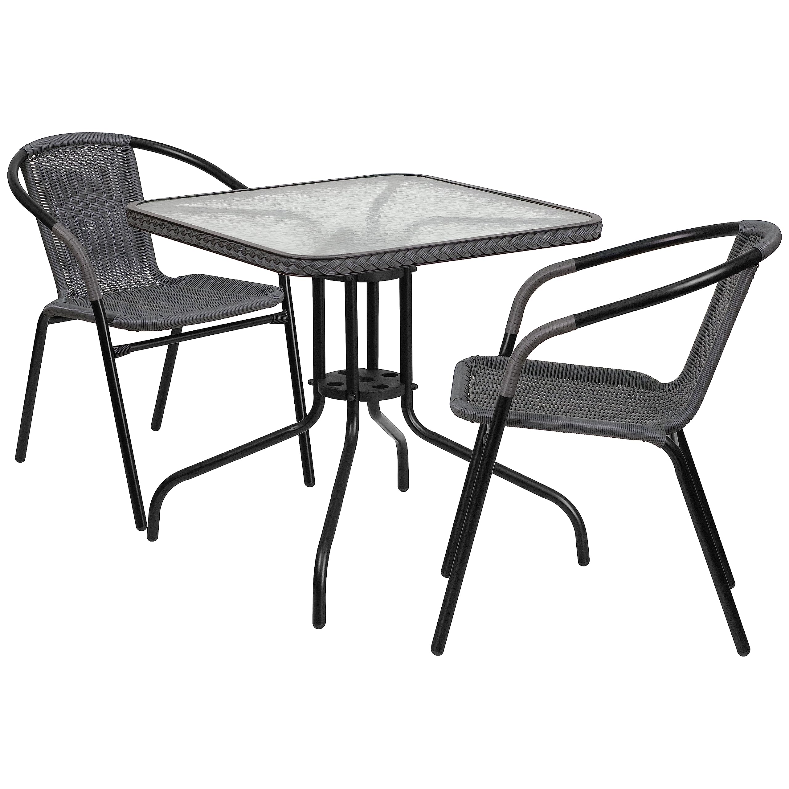 Flash Furniture Lila 28'' Square Glass Metal Table with Gray Rattan Edging and 2 Gray Rattan Stack Chairs