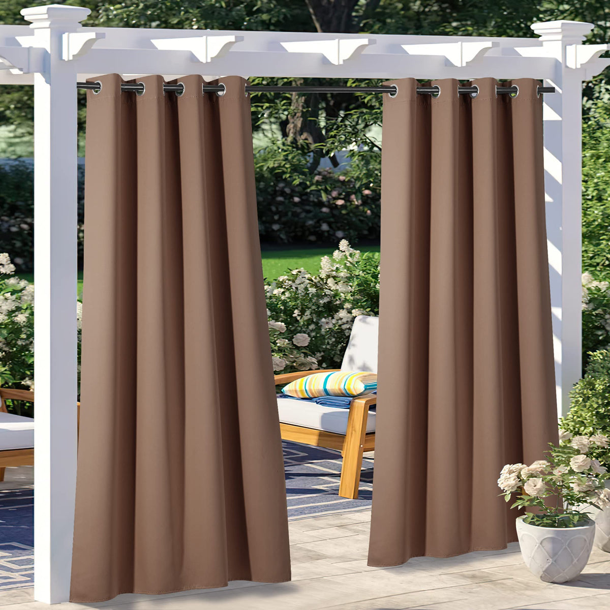 Nicetown 2 Panels Outdoor Curtain Panels For Patio Waterproof, Stainless Steel Silver Grommet Thermal Insulated Blackout Thermal