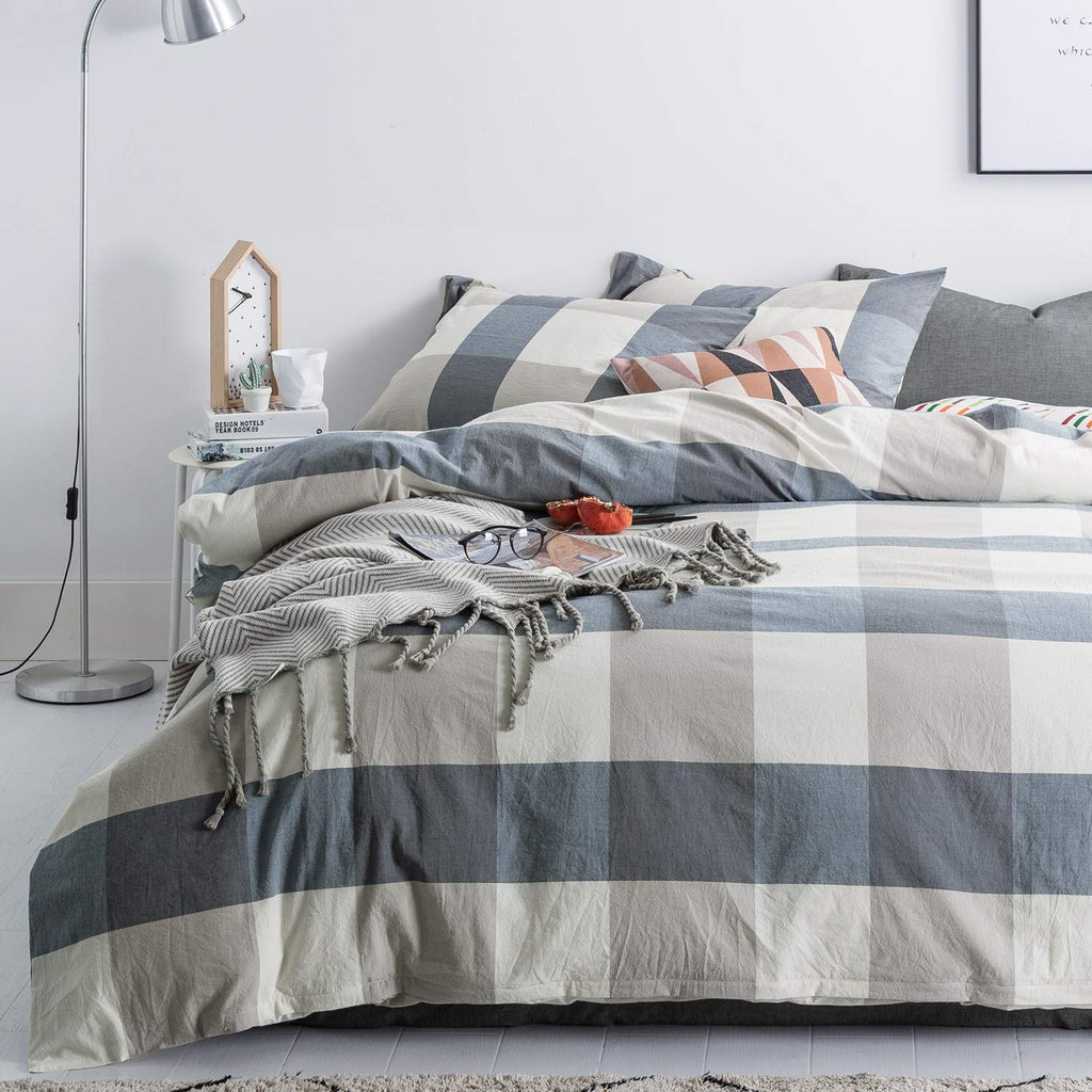 Susybao Checkered Duvet Cover King 100% Washed Cotton Blue Plaid Duvet Cover 3 Pcs Set 1 Beige Grid Duvet Cover With Zipper Ties