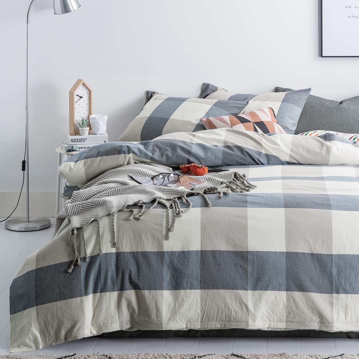 Susybao Checkered Duvet Cover King 100% Washed Cotton Blue Plaid Duvet Cover 3 Pcs Set 1 Beige Grid Duvet Cover With Zipper Ties