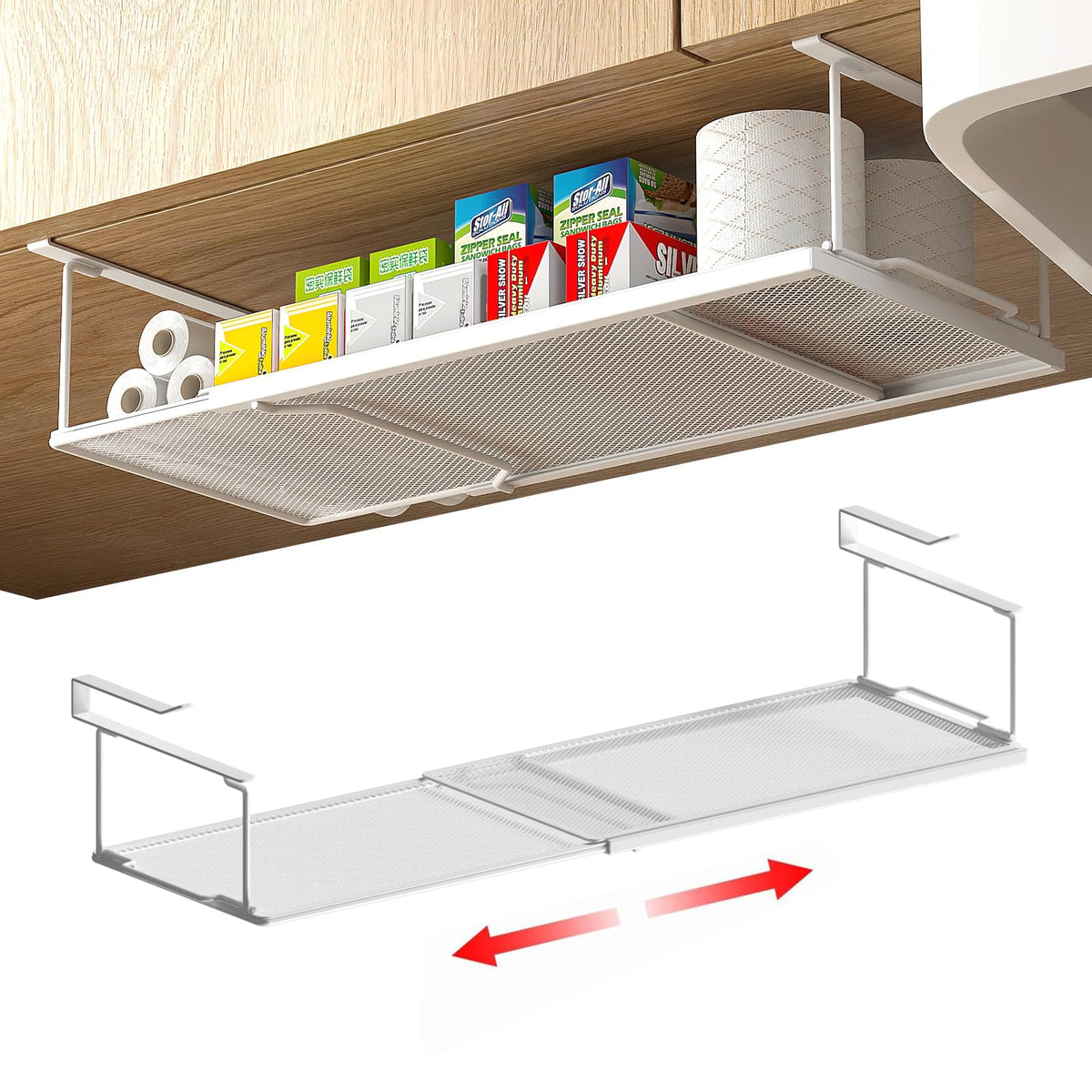 2 Pack Hanging Under Shelf Storage Basket, Expandable Organizer for Cabinets Pantry Shelves