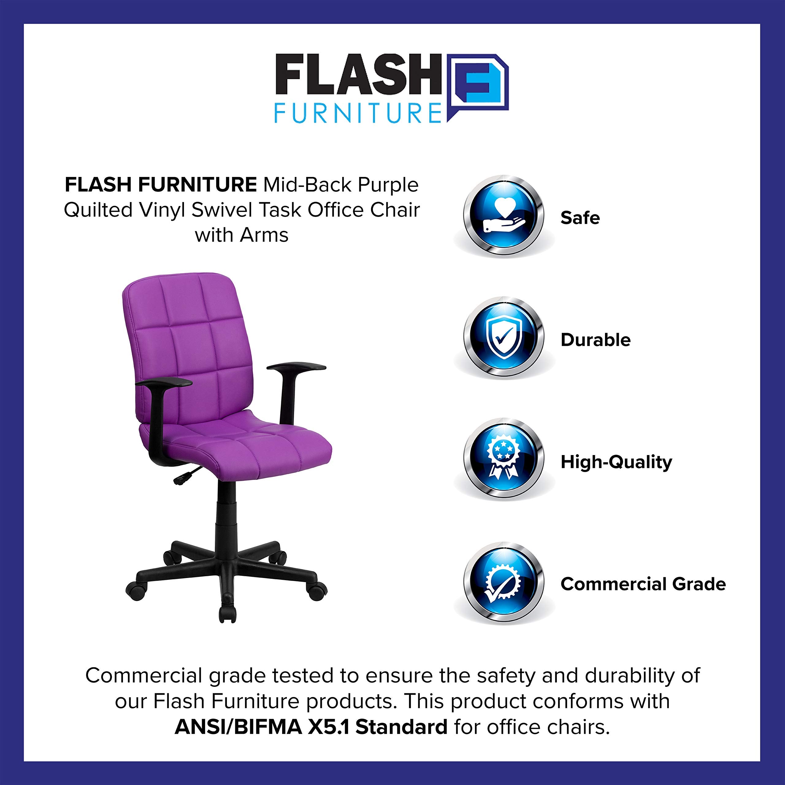Flash Furniture Clayton Mid-Back Purple Quilted Vinyl Swivel Task Office Chair with Arms