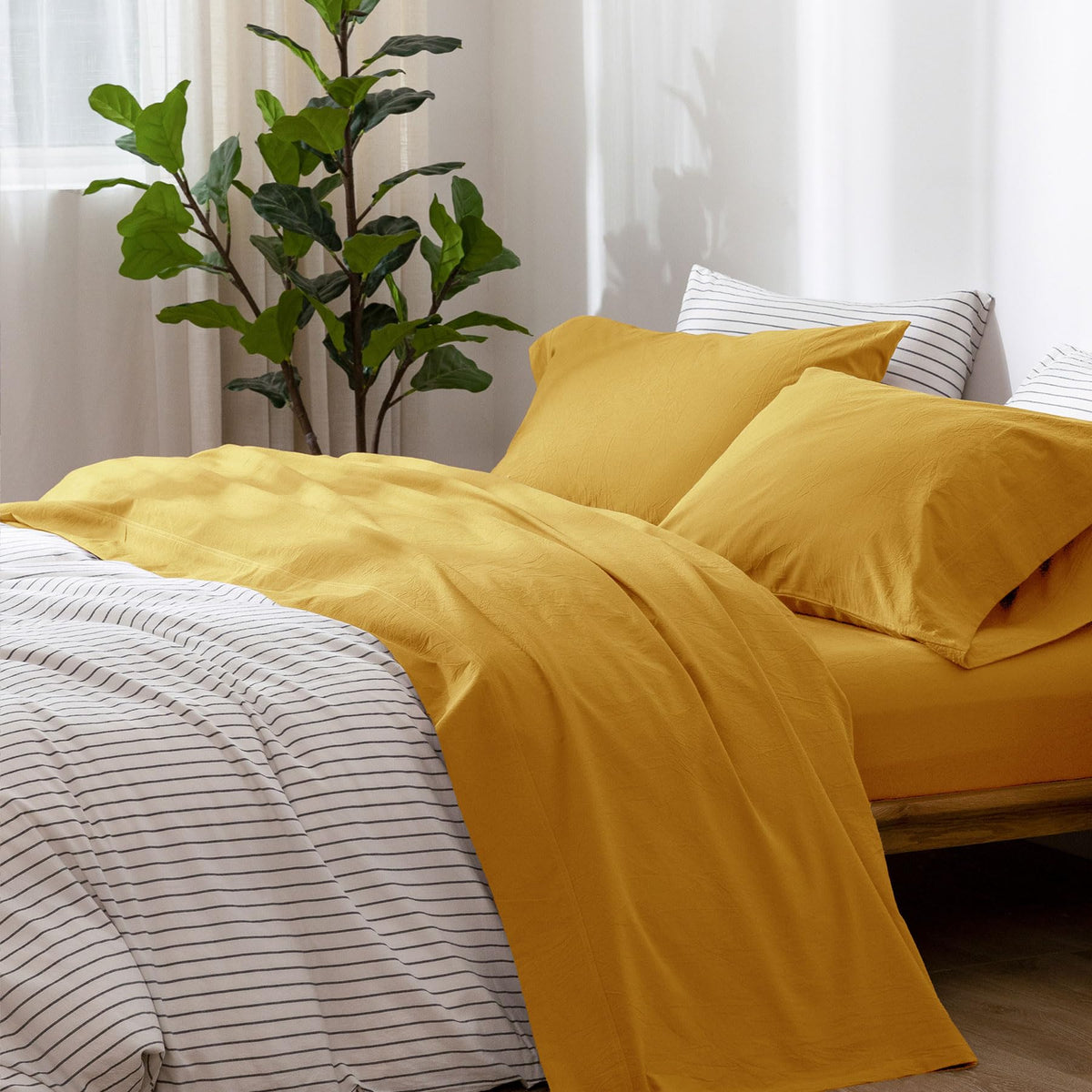 Moomee Bedding Sheet Set 100% Washed Cotton Linen Like Textured Breathable Durable Soft Comfy (Yellow, Queen)