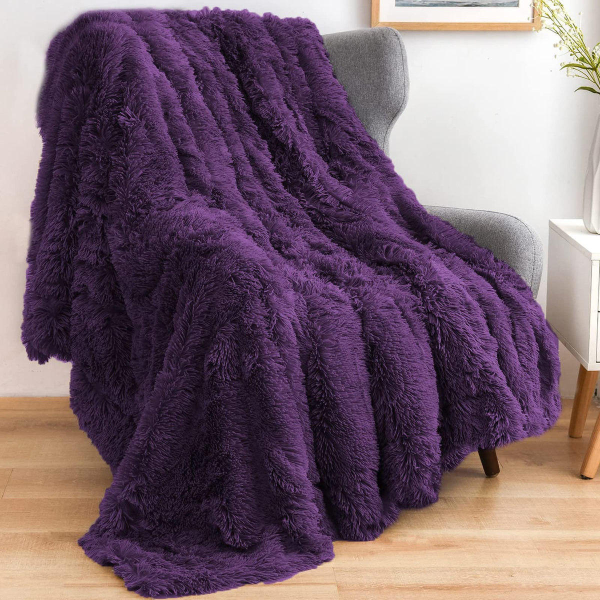 Gonaap Fuzzy Faux Fur Throw Blanket Purple Super Soft Cozy Plush Fuzzy Shaggy Blanket For Couch Sofa Bed (Purple, Throw(50 'X60