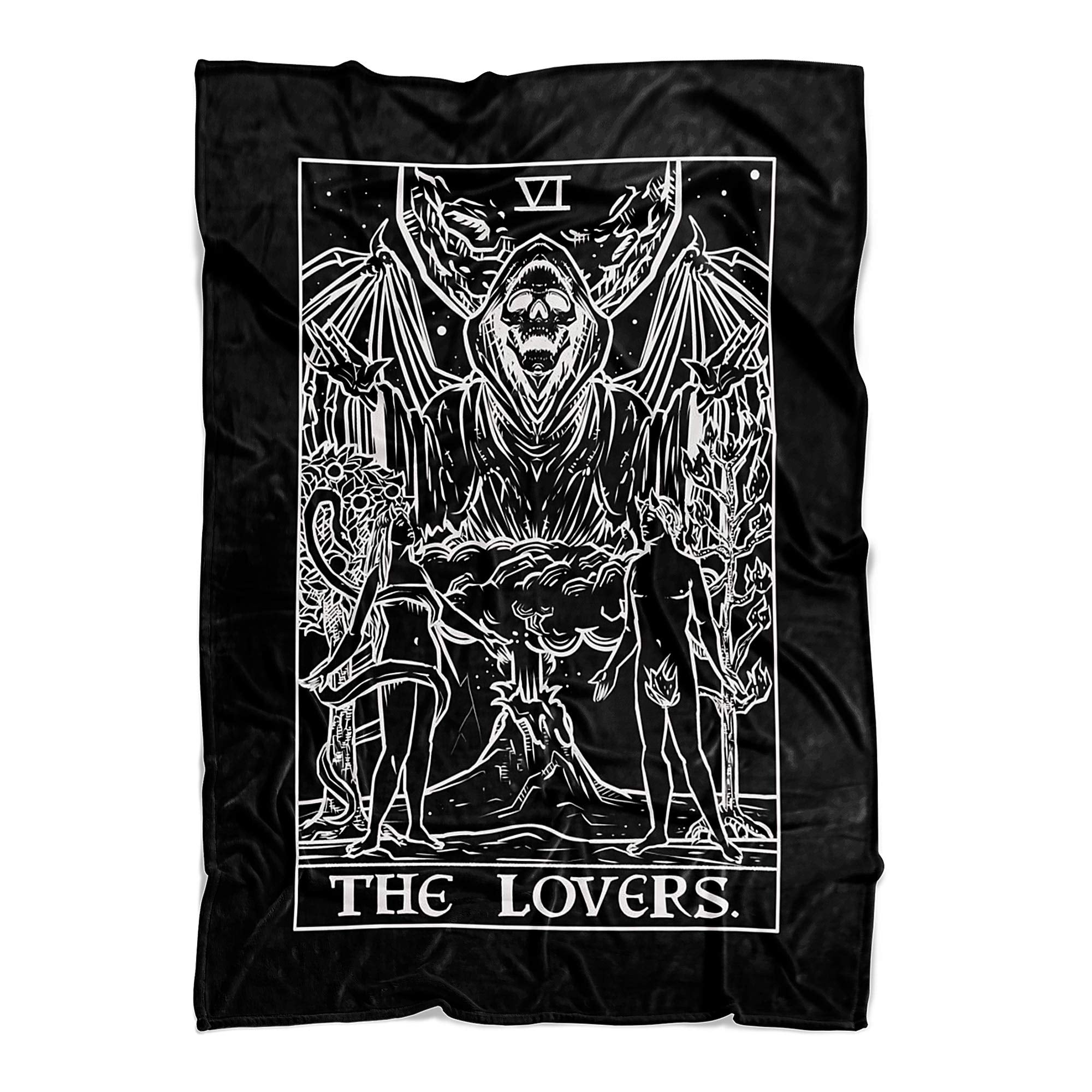 The Lovers Tarot Card Throw Blanket - Grim Reaper Gothic Couple Valentines Day Halloween Home Decor (Black & White) (80' X 60'