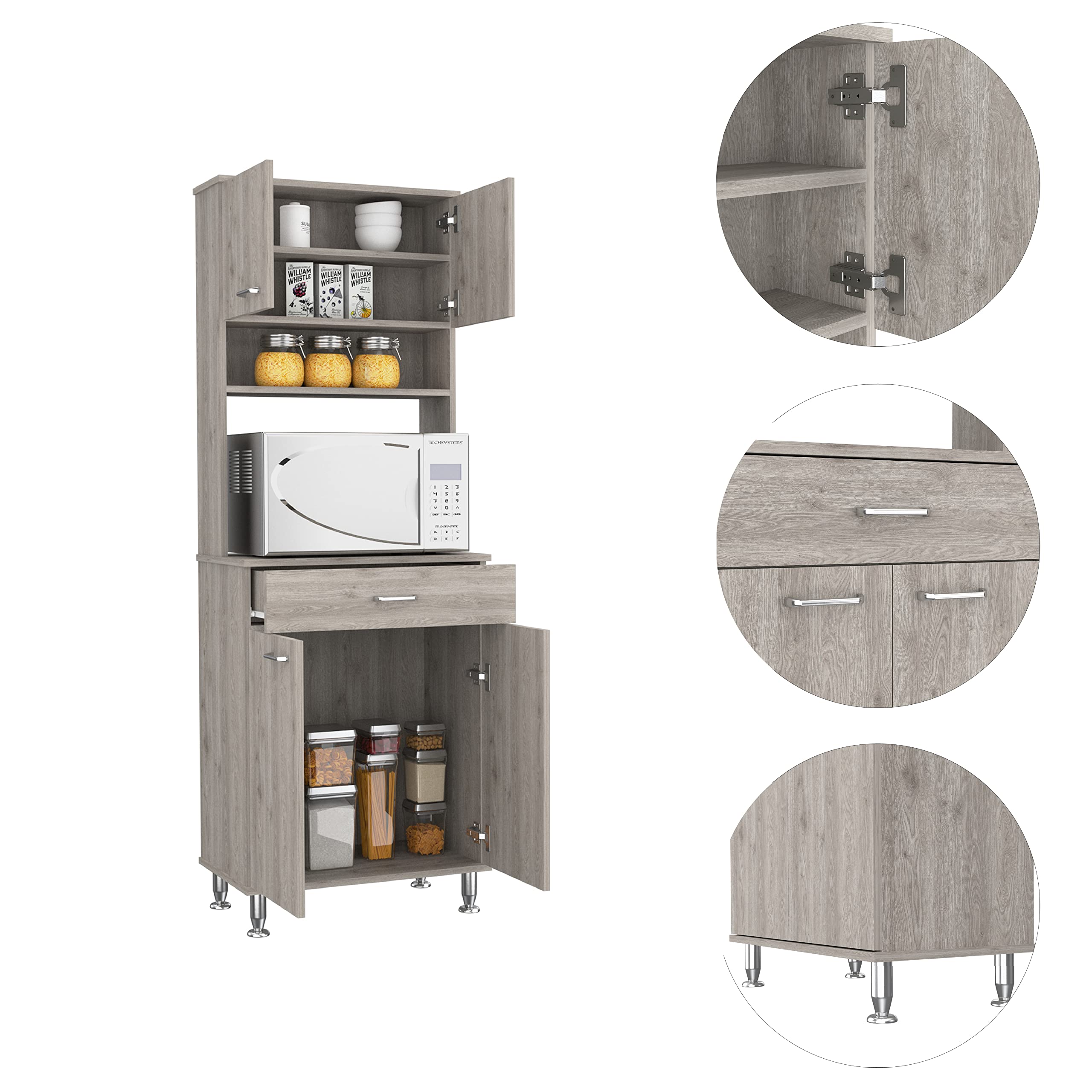 Pantry Cabinet 67&quot; H, 4 Doors, 1 Drawer, 3 Internal Shelves, 2 External Storage Shelves, Microwave Storage Option, 4 Legs, Light Gray