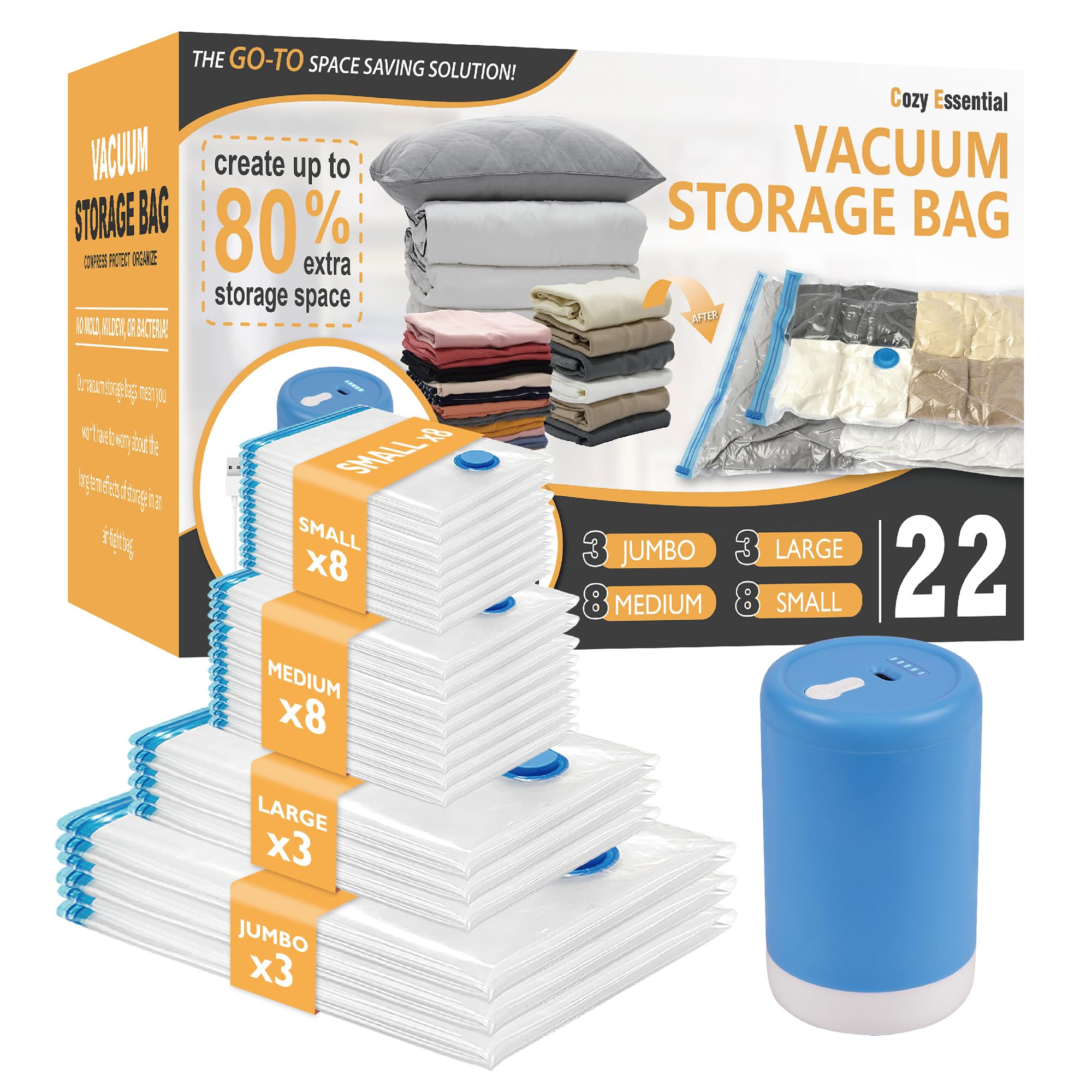 Vacuum Storage Bags With Electric Pump, 22 Pack (3 Jumbo/3 Large/8 Medium/8 Small) Vacuum Seal Space Saver Bags For Clothing, Pi