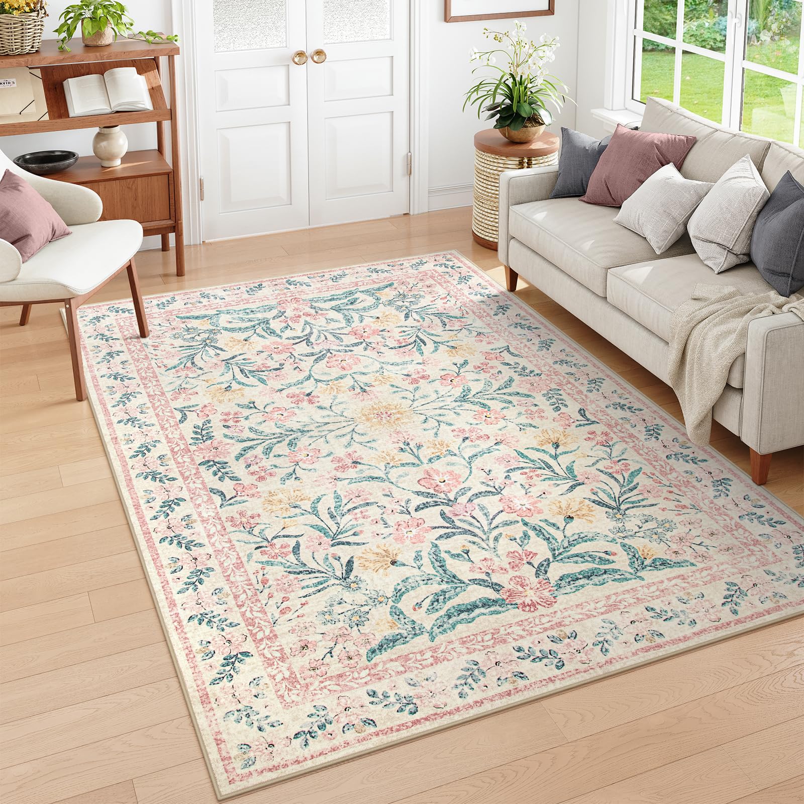 Wonnitar Washable Area Rug 6x9, Pink Floral Rugs for Bedroom Girls Soft Living Room Carpet Ultra-Thin, Boho Non Slip Non-Sheddin