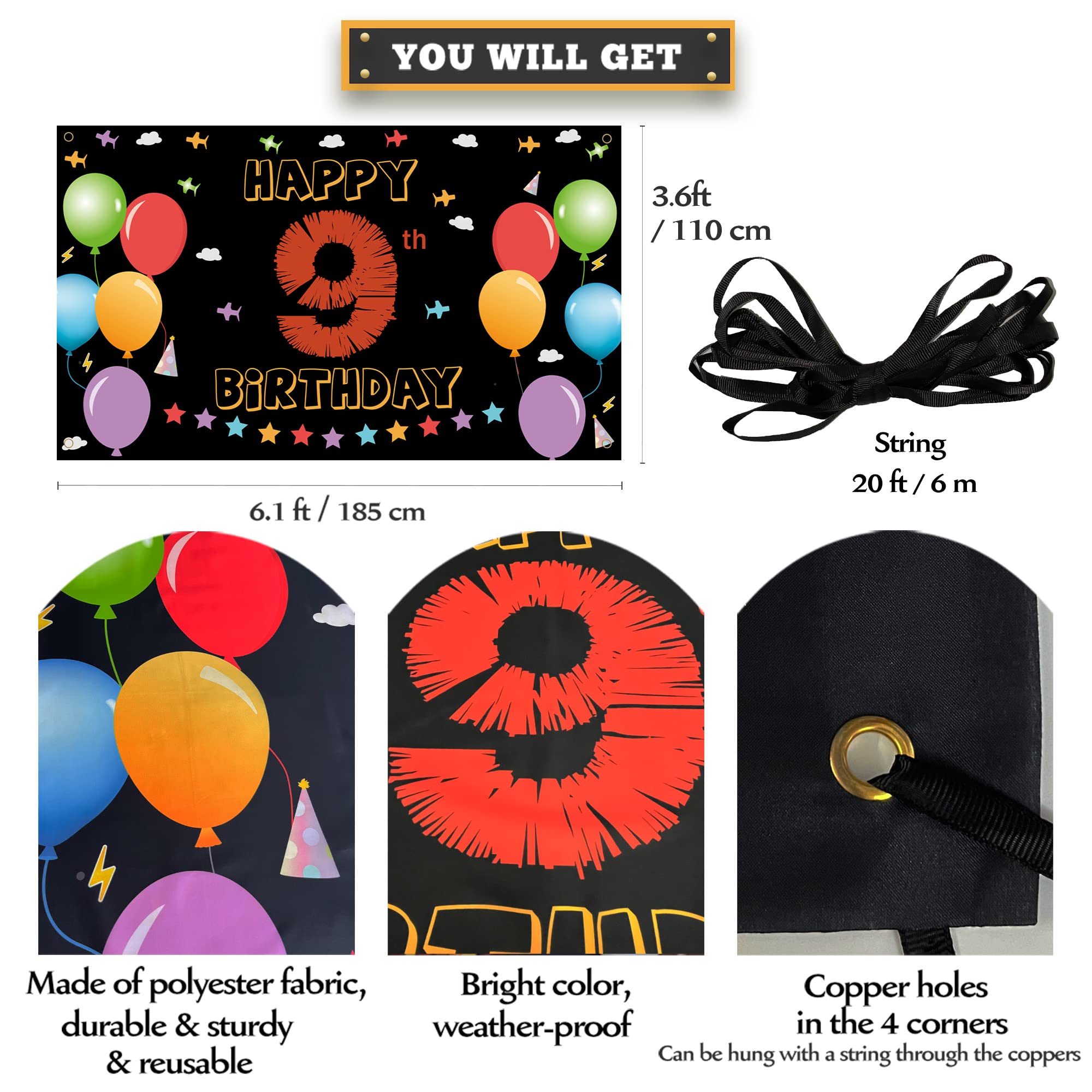 9Th Birthday Backdrop Banner, Happy 9Th Birthday Decorations For Girls Boys, 9 Year Old Birthday Yard Sign, Colorful Ninth Birth