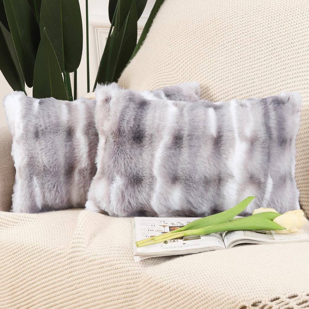 Madizz Pack Of 2 Thick Plush Wool Throw Pillow Covers 12X20 Inch White Grey Soft Decorative Cushion Cover For Sofa Bedroom Pillo