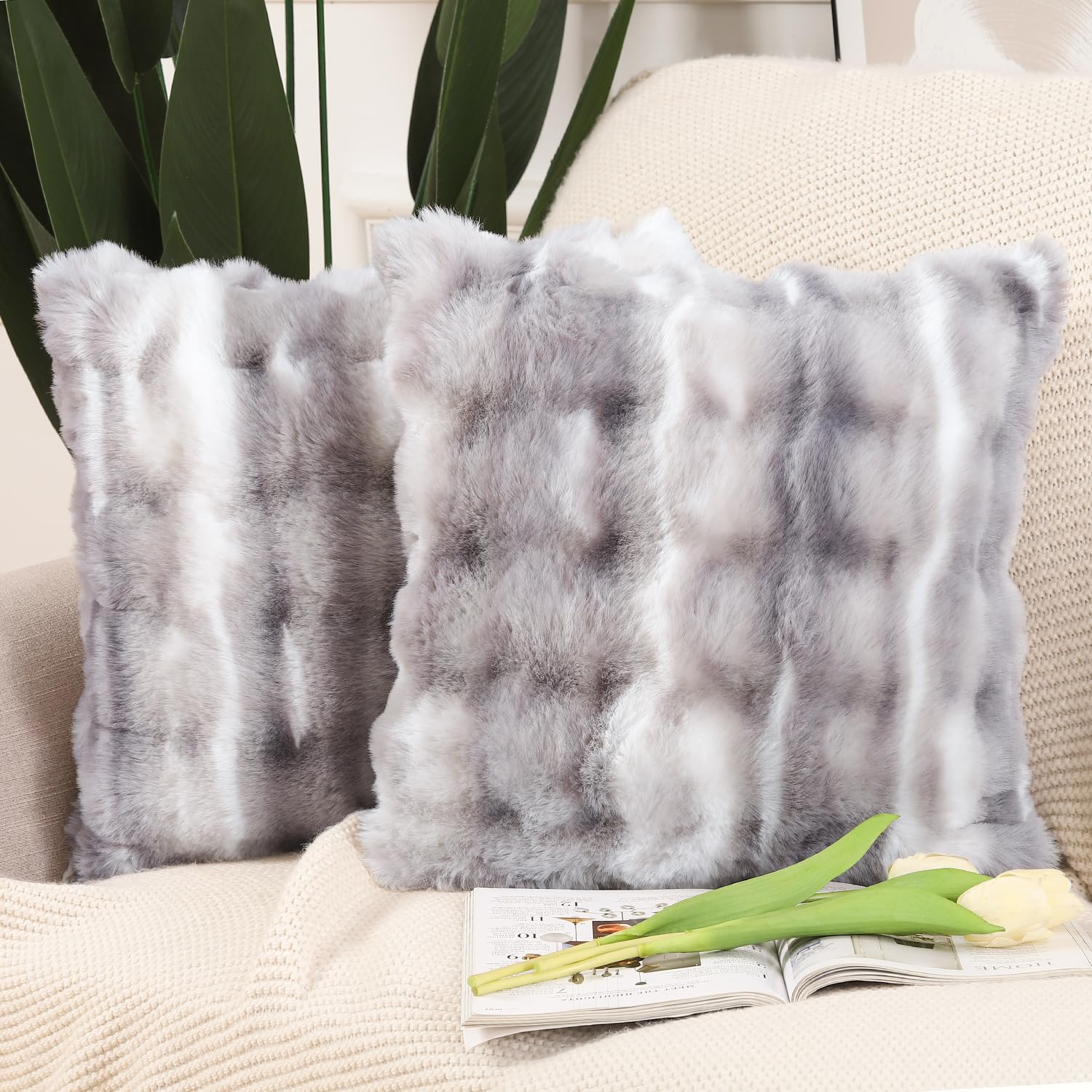 Madizz Pack Of 2 Thick Plush Wool Throw Pillow Covers 26X26 Inch White Grey Soft Decorative Cushion Cover For Sofa Bedroom Pillo