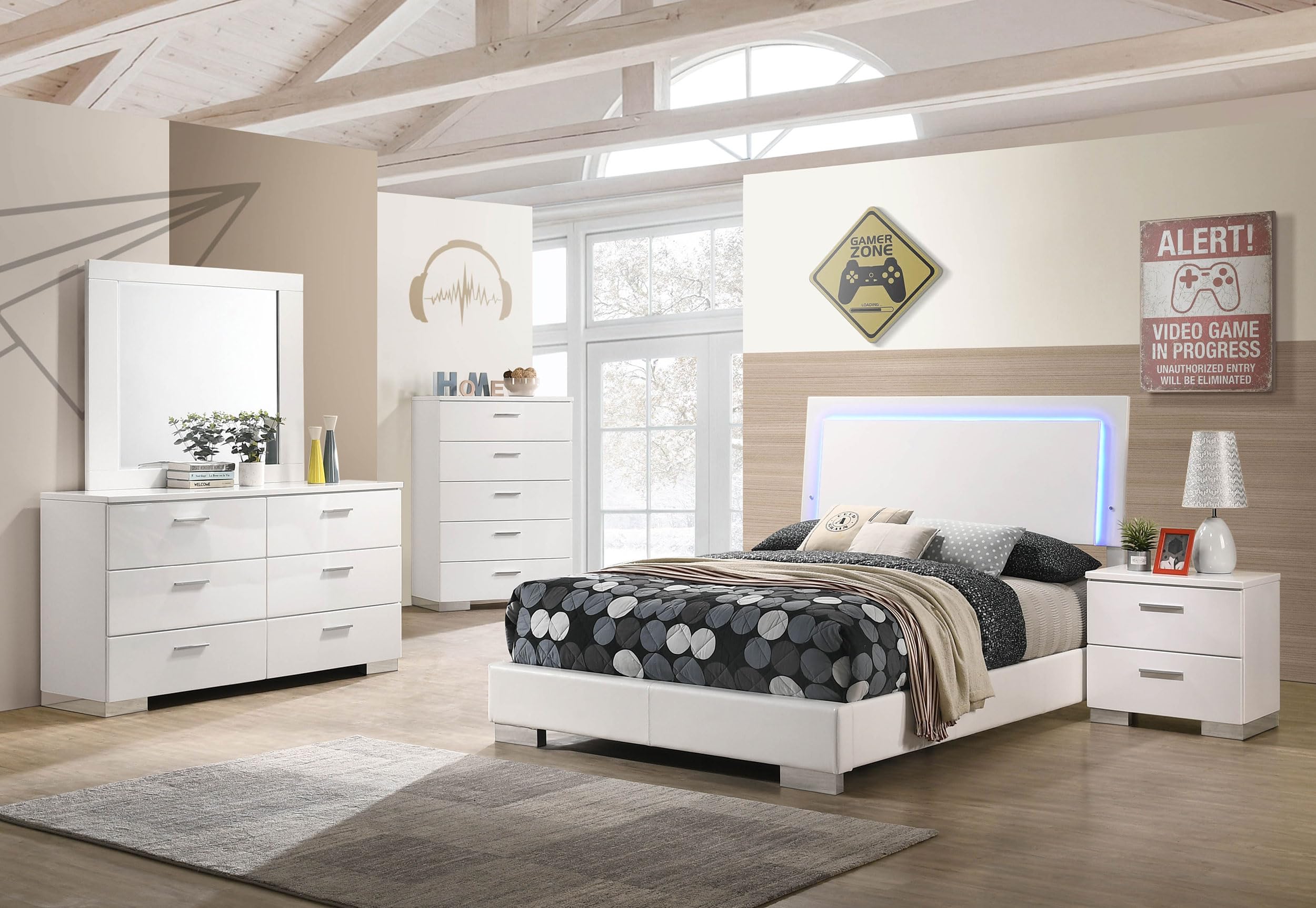Coaster Home Furnishings Felicity Contemporary 4-Piece Bedroom Set Full Size LED Panel Bed Frame 49-inch Headboard White High Gloss 203500F-S4