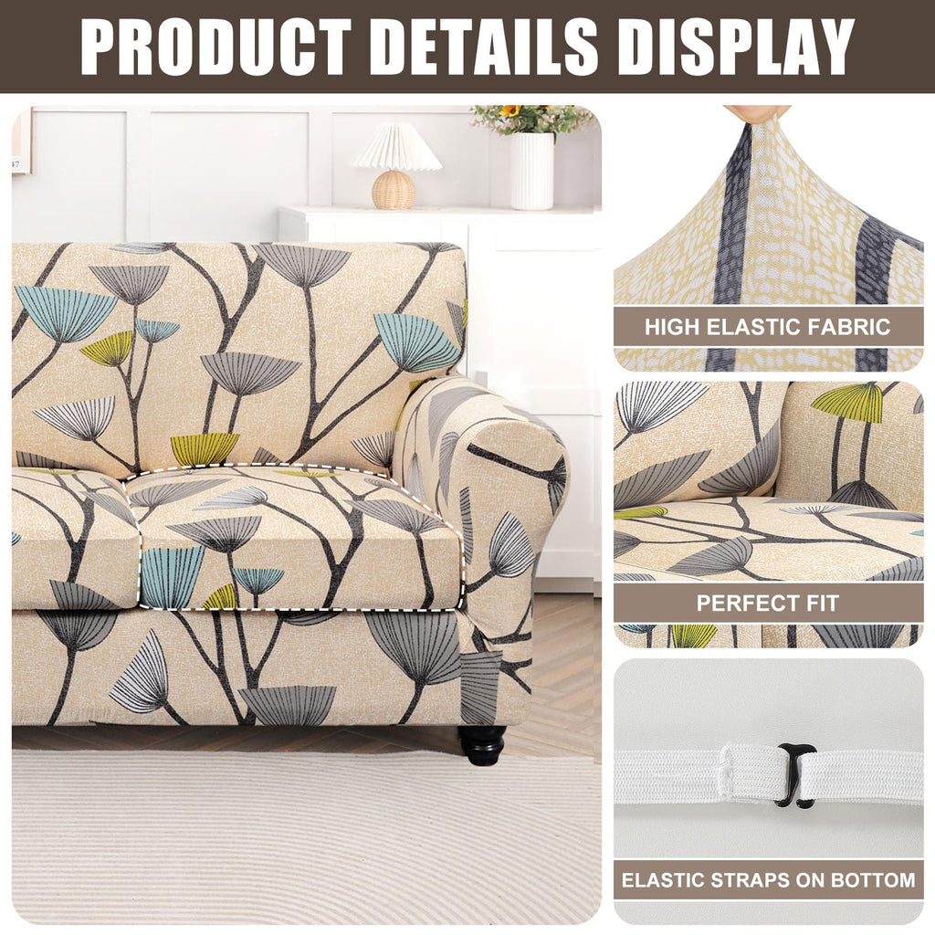 Searchi Stretch Sofa Cover Printed Couch Cover, Floral Pattern 4 Pieces Sofa Slipcover With 3 Separate Cushion Cover, Washable Furniture Protector For Living Room(Sofa, Dandelion Pattern)