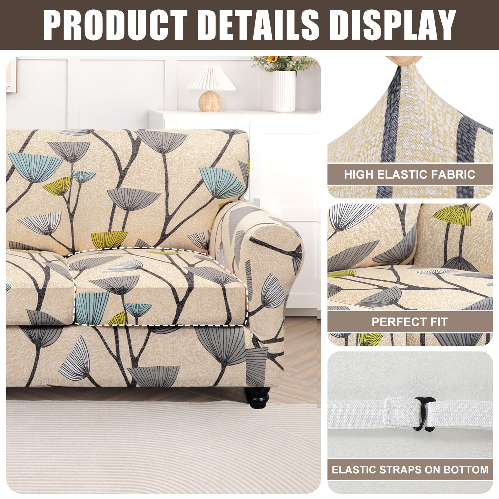 Searchi Stretch Sofa Cover Printed Couch Cover, Floral Pattern 4 Pieces Sofa Slipcover With 3 Separate Cushion Cover, Washable Furniture Protector For Living Room(Sofa, Dandelion Pattern)