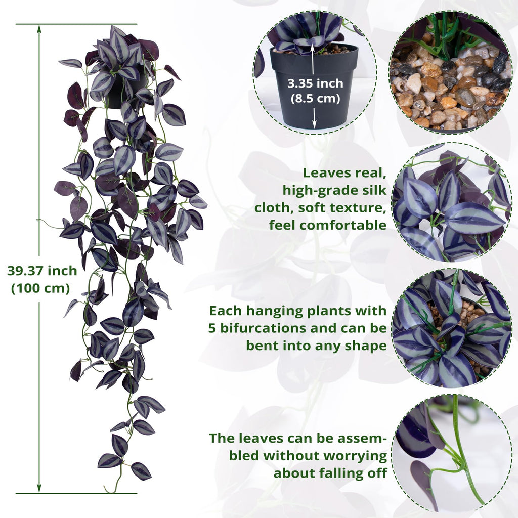 Loywree Small Fake Hanging Purpleeyebrow Leaf Plant, 37.7In Artificial Potted Plant Faux Ivy Vine Plant Hanging Plant Pothos For