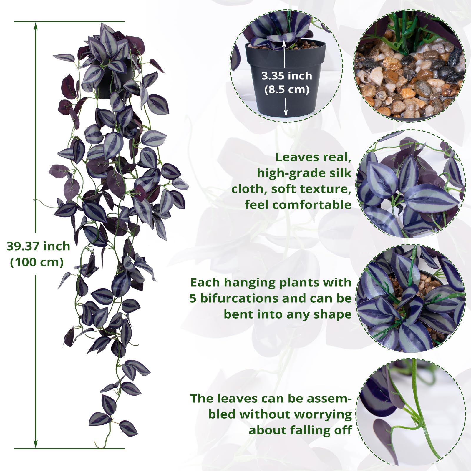 Loywree Small Fake Hanging Purpleeyebrow Leaf Plant, 37.7In Artificial Potted Plant Faux Ivy Vine Plant Hanging Plant Pothos For