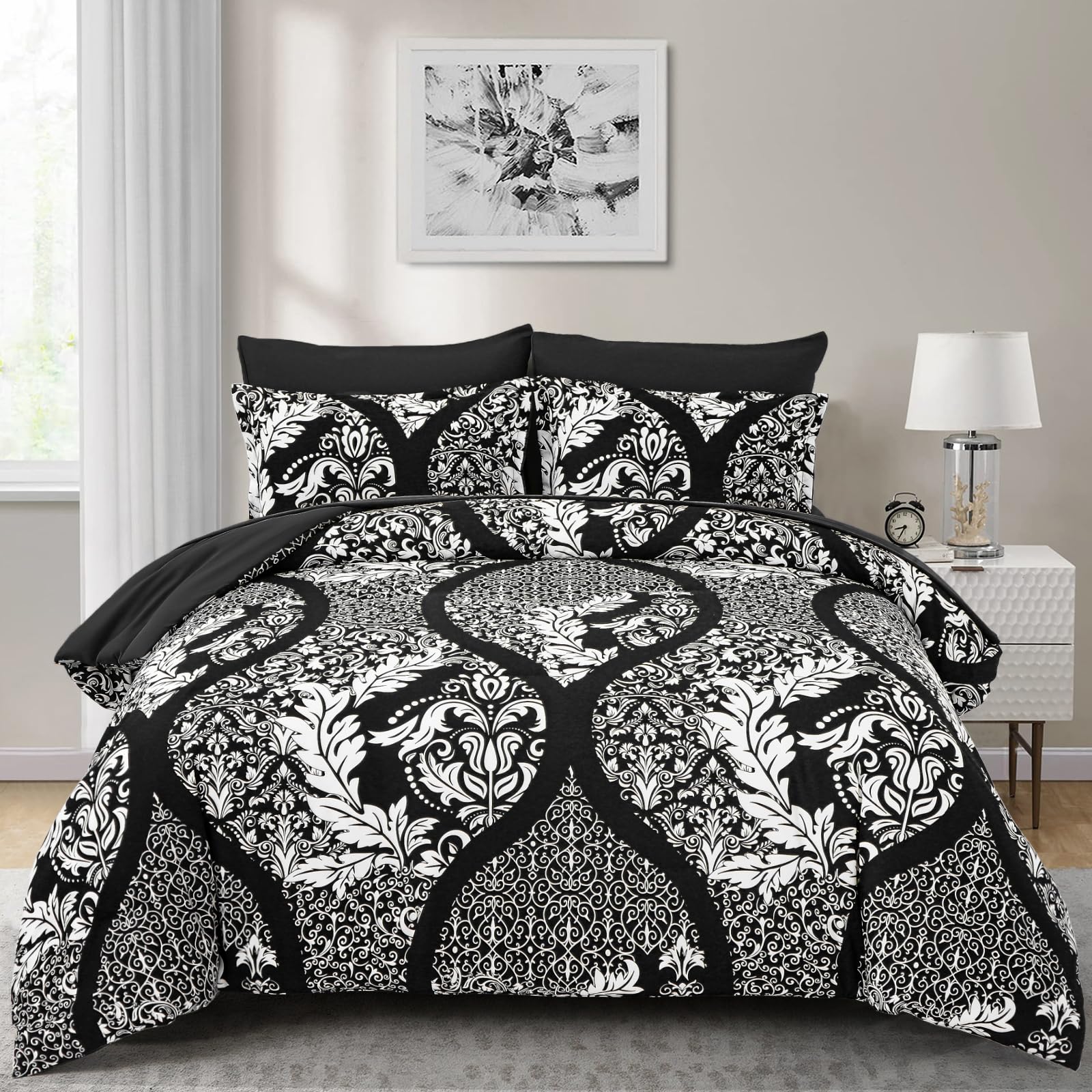 Anibedding Black Comforter Set King Size, 7 Pieces Bohemian Damask Comforter Set Soft Lightweight Microfiber Bedding Set For All