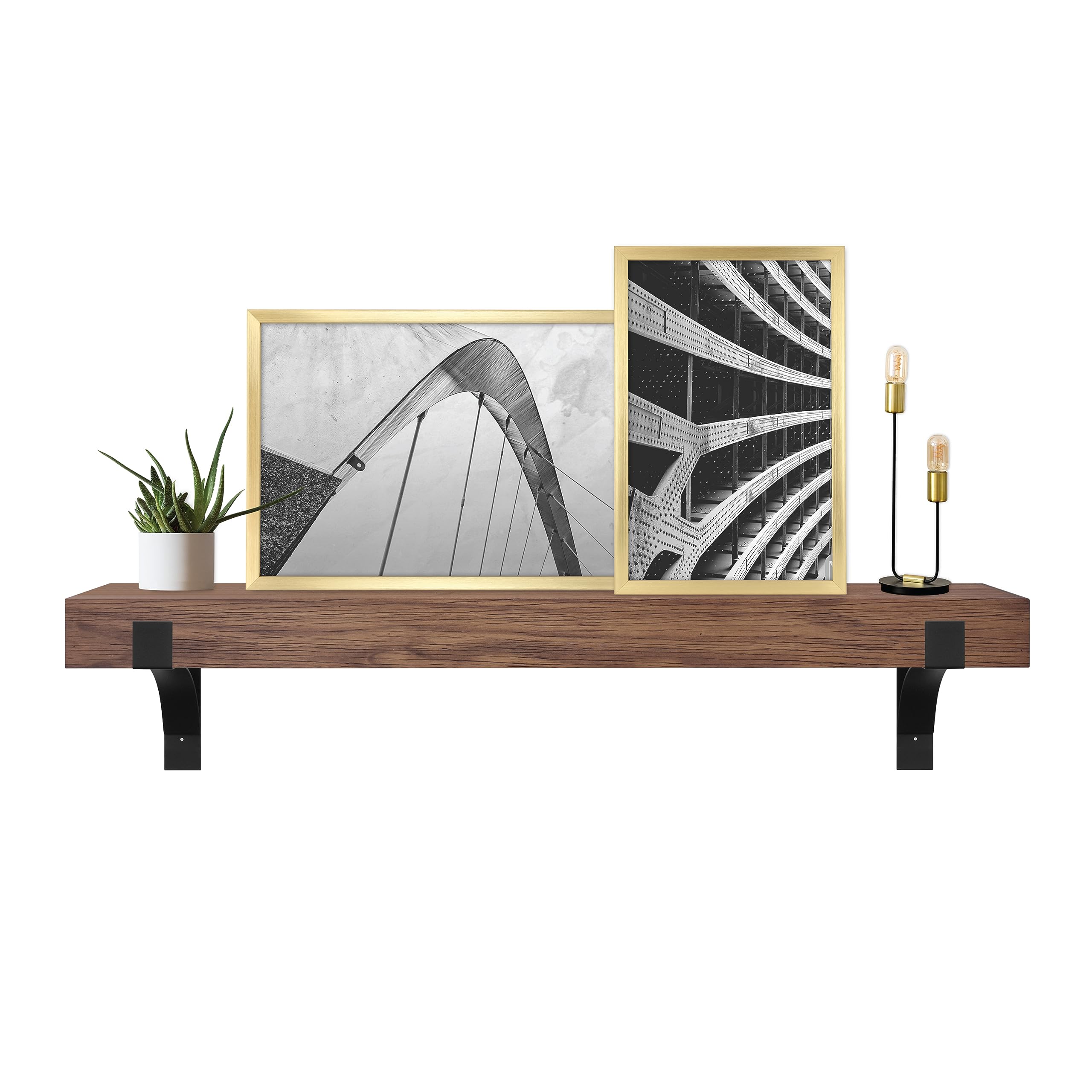 Master & Co. Modern Floating Fireplace Mantel with Black Metal Brackets, Long Floating Shelves for Wall D  cor, 48 inches, Walnu
