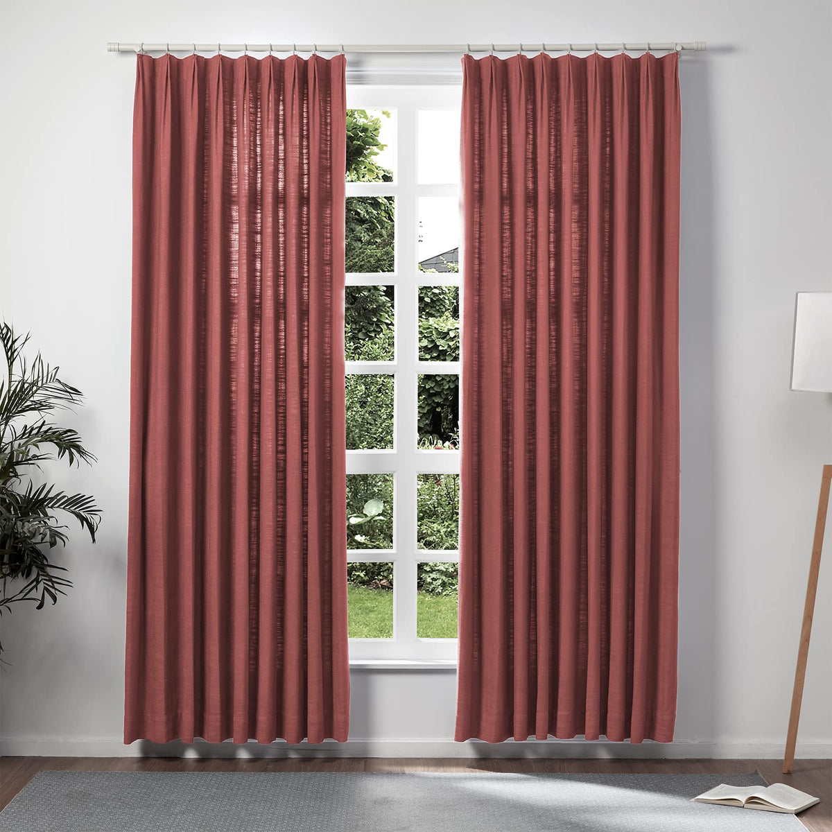 Twopages Cinnabar Pinch Pleated Drape 108 Inch Length Linen Light Filtering Room Darkening Curtain For Bedroom, Double Layer Lin