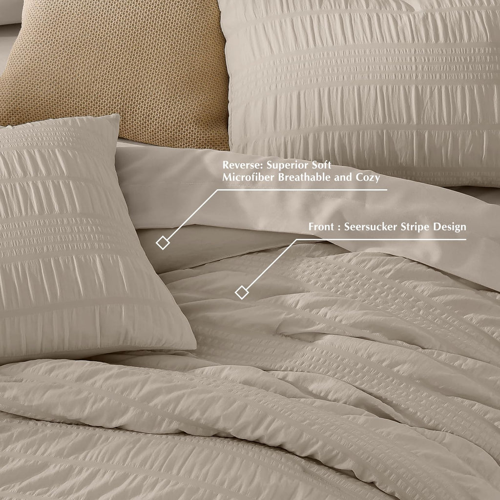 Casaagusto Queen Comforter Set, 7 Pieces Oatmeal Seersucker Bed In A Bag Queen Size Soft All Seasons, Bedding Sets With Comforte