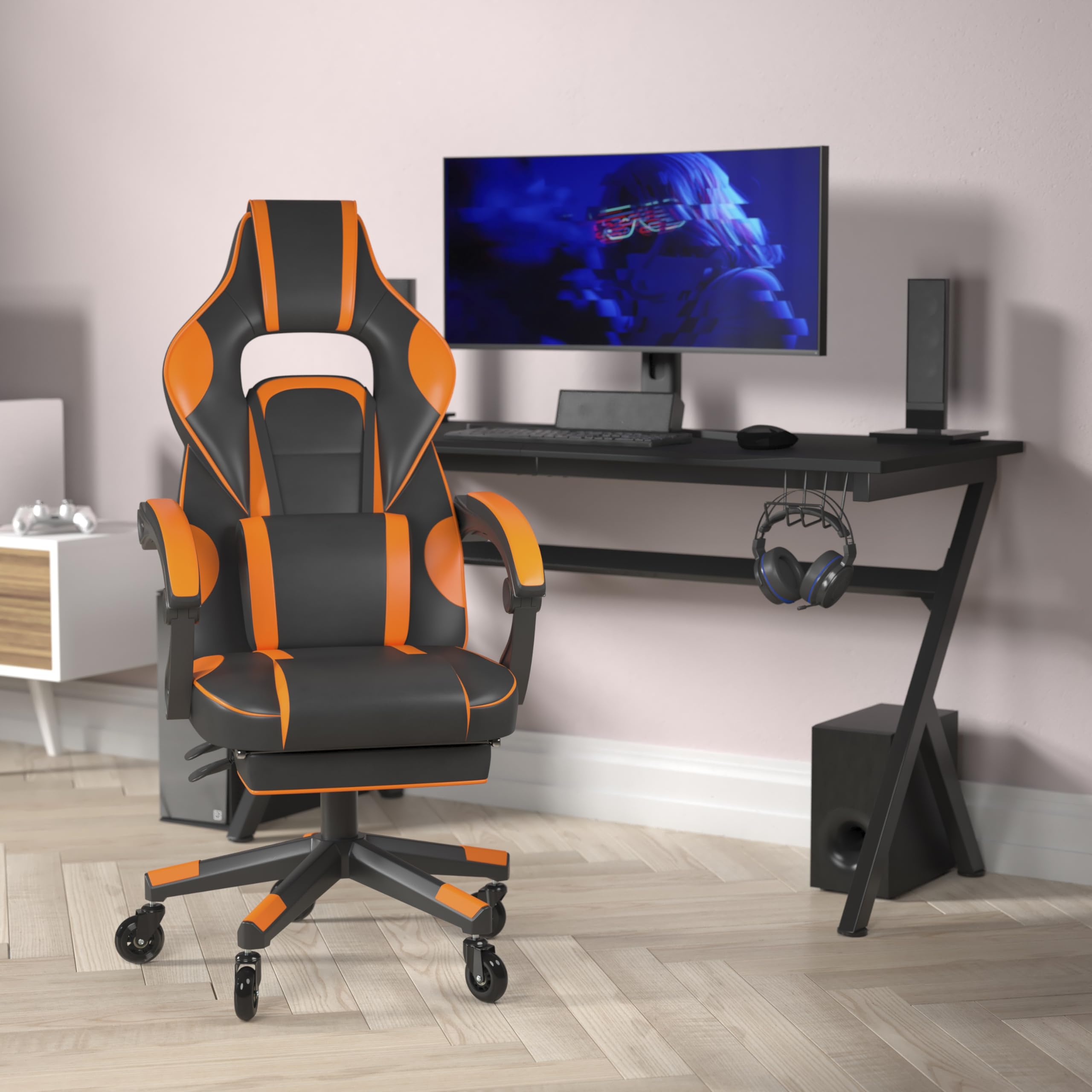 Flash Furniture X40 Gaming Chair Racing Computer Chair With Fully Reclining Back/Arms And Transparent Roller Wheels, Slide-Out Footrest, - Black/Orange