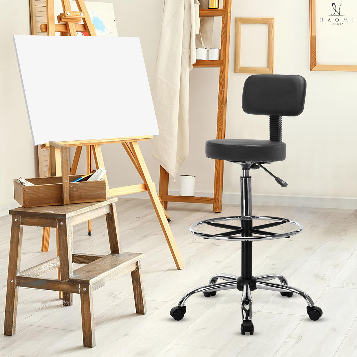 Upgrade Your Workspace With Venus Adjustable Drafting Stool - Premium Leather, Rolling Wheels, Adjustable Height, Backrest, Office Stool, Tall Office Chair For Efficient Workstations - Black