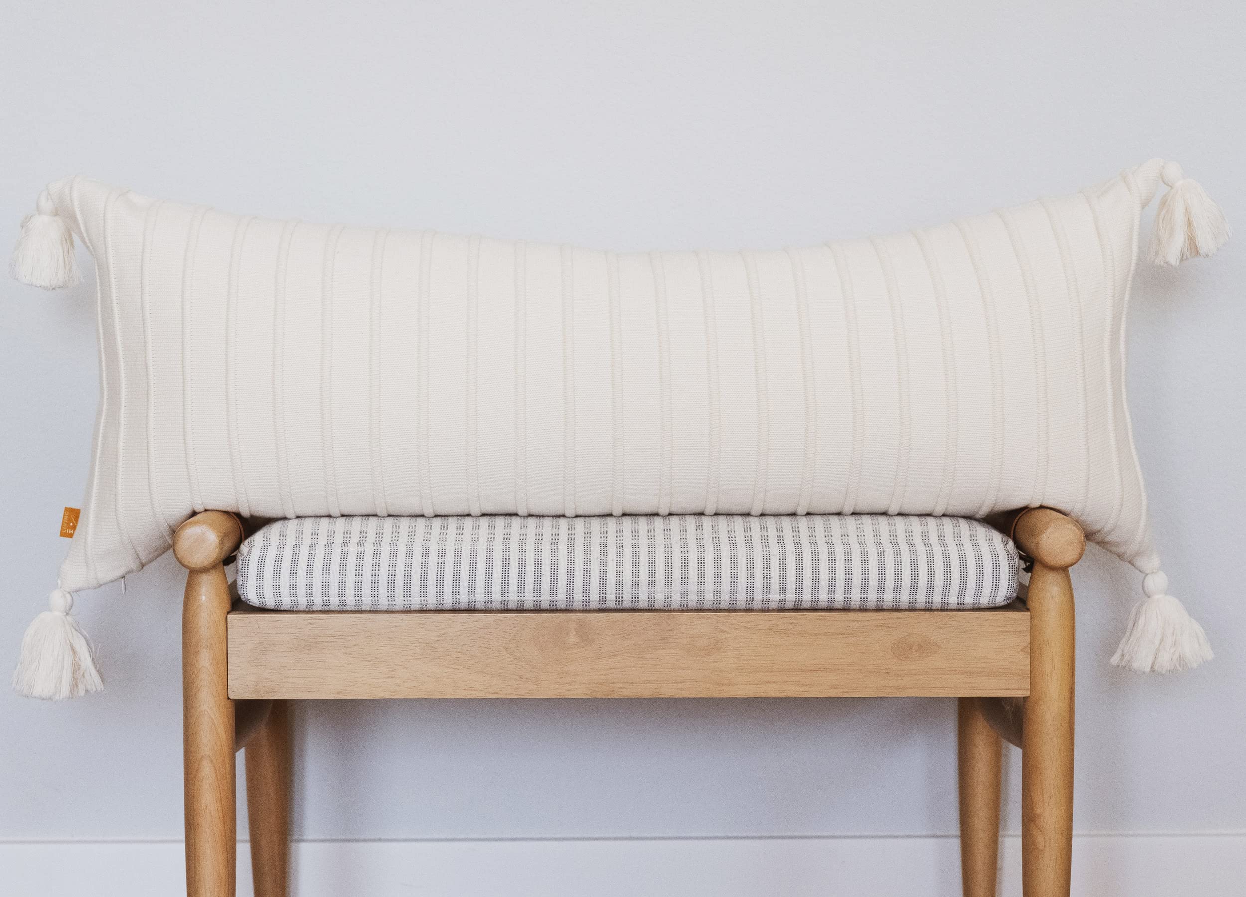 Lumi Living 100% Soft Cotton Raised Stripes Textured Rib Knit Lumbar Throw Pillow Cover with Tassels 14x36 (cream)