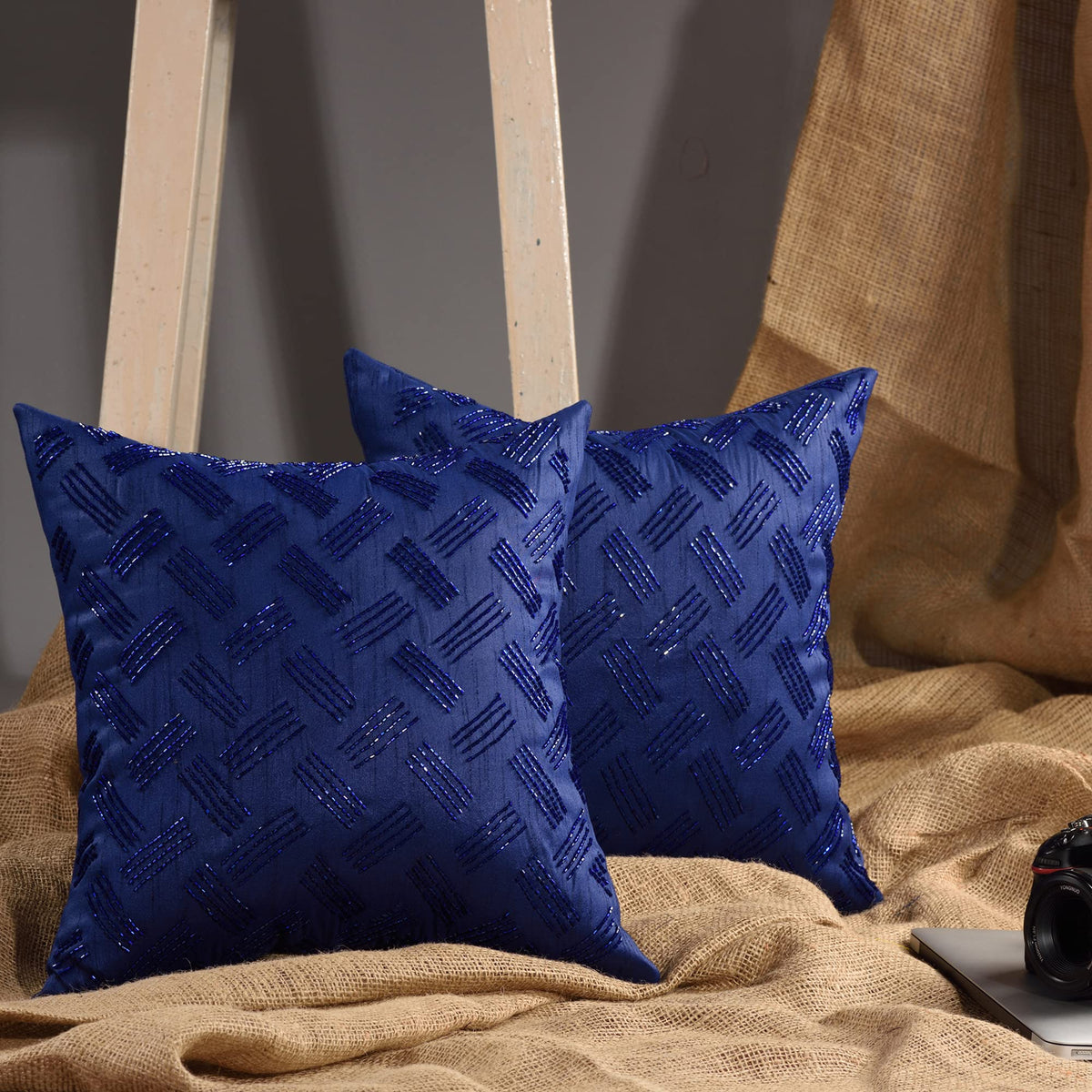 Scarlett Linens Beaded Cushion Covers 16X16 Inches Pack Of 1 | Blue Embroidered Cushion Covers | Festive Cushion Covers | Sofa P