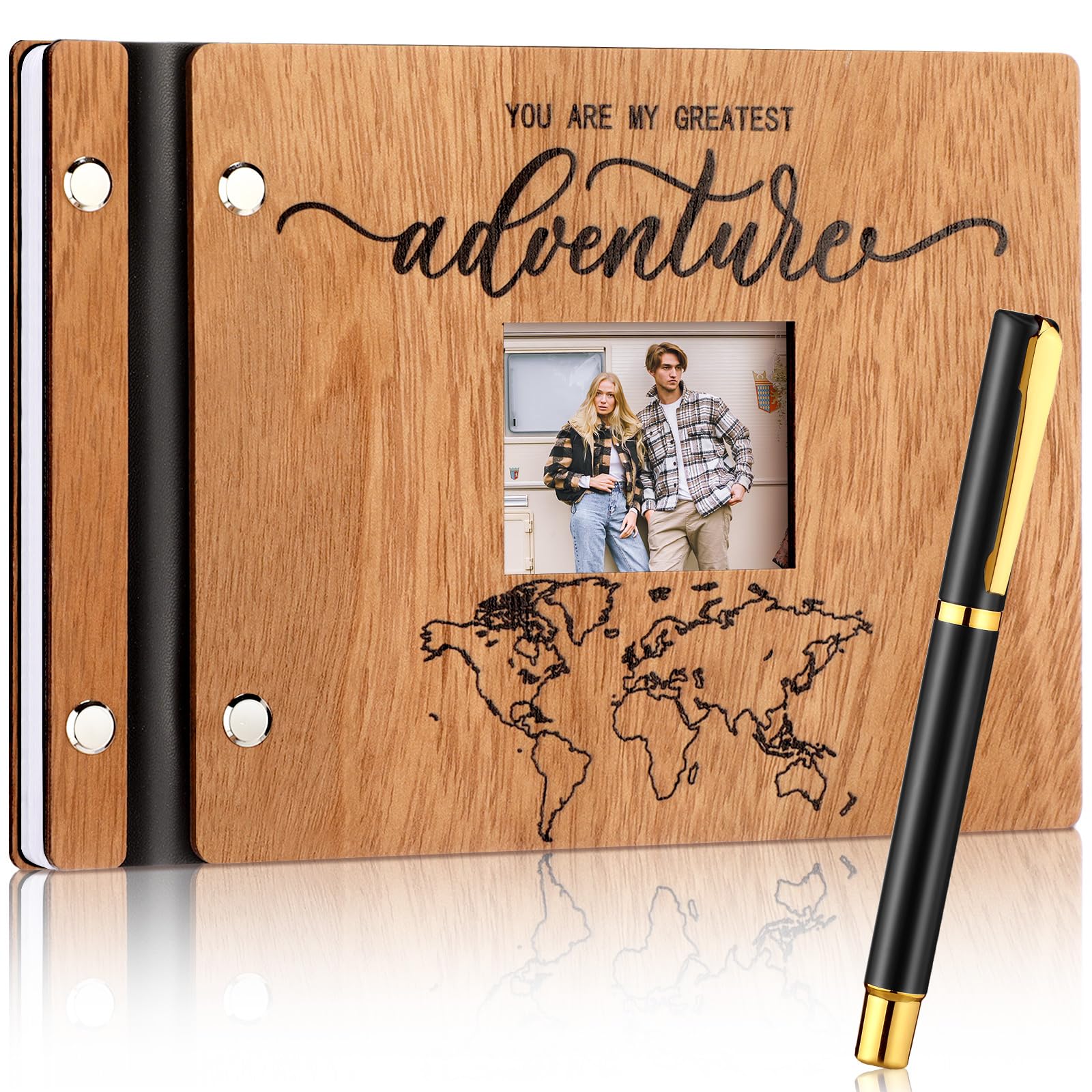 Skyygemm Adventure Wooden Guest Book with Pen 8 x 6 Inches 120 Pages Memory Scrapbook Rustic Signature Party Sign in Xmas Gift f