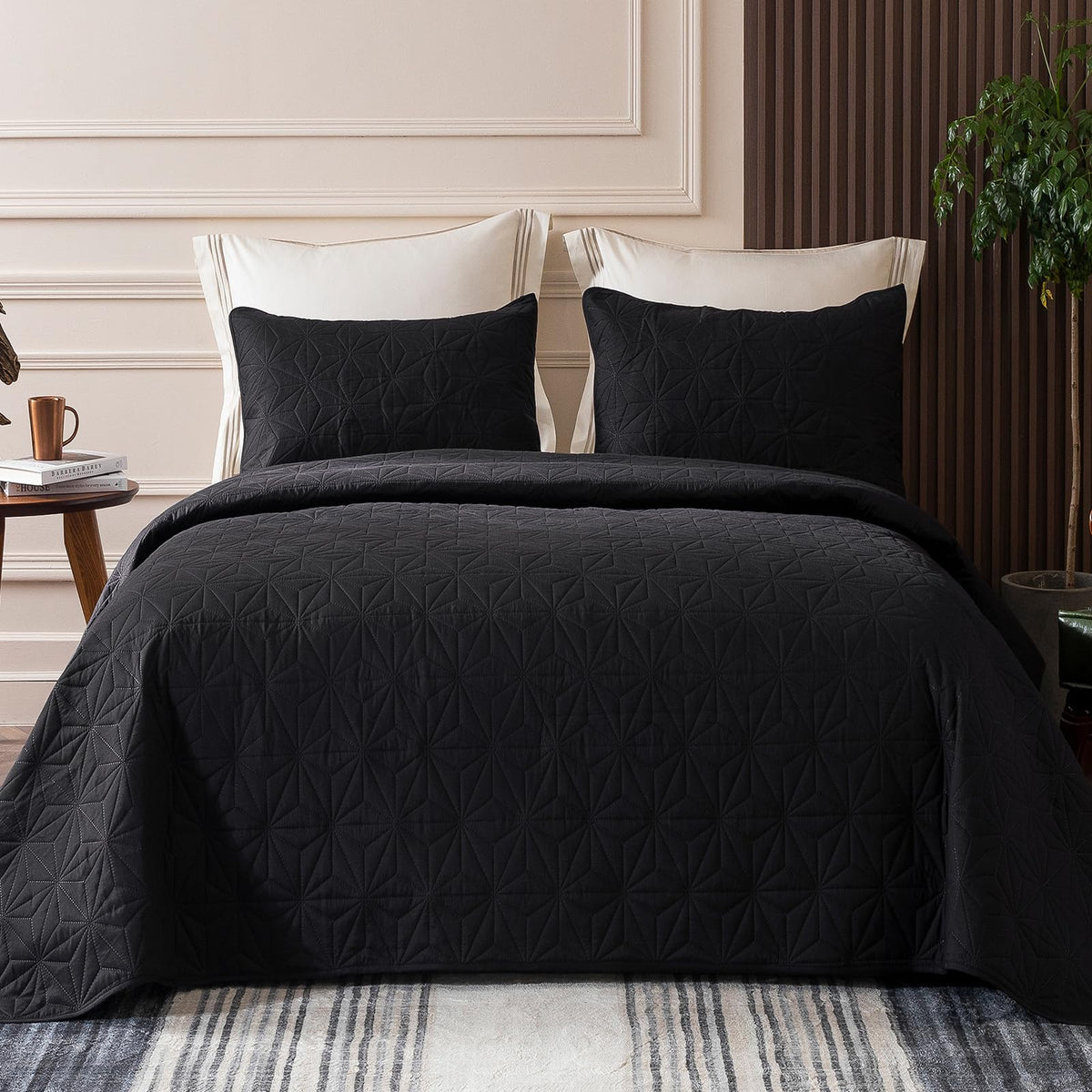 Whale Flotilla California King Bedding Set, Soft Black Oversized King Quilts Bedspreads For All Seasons, Lightweight Geometric S