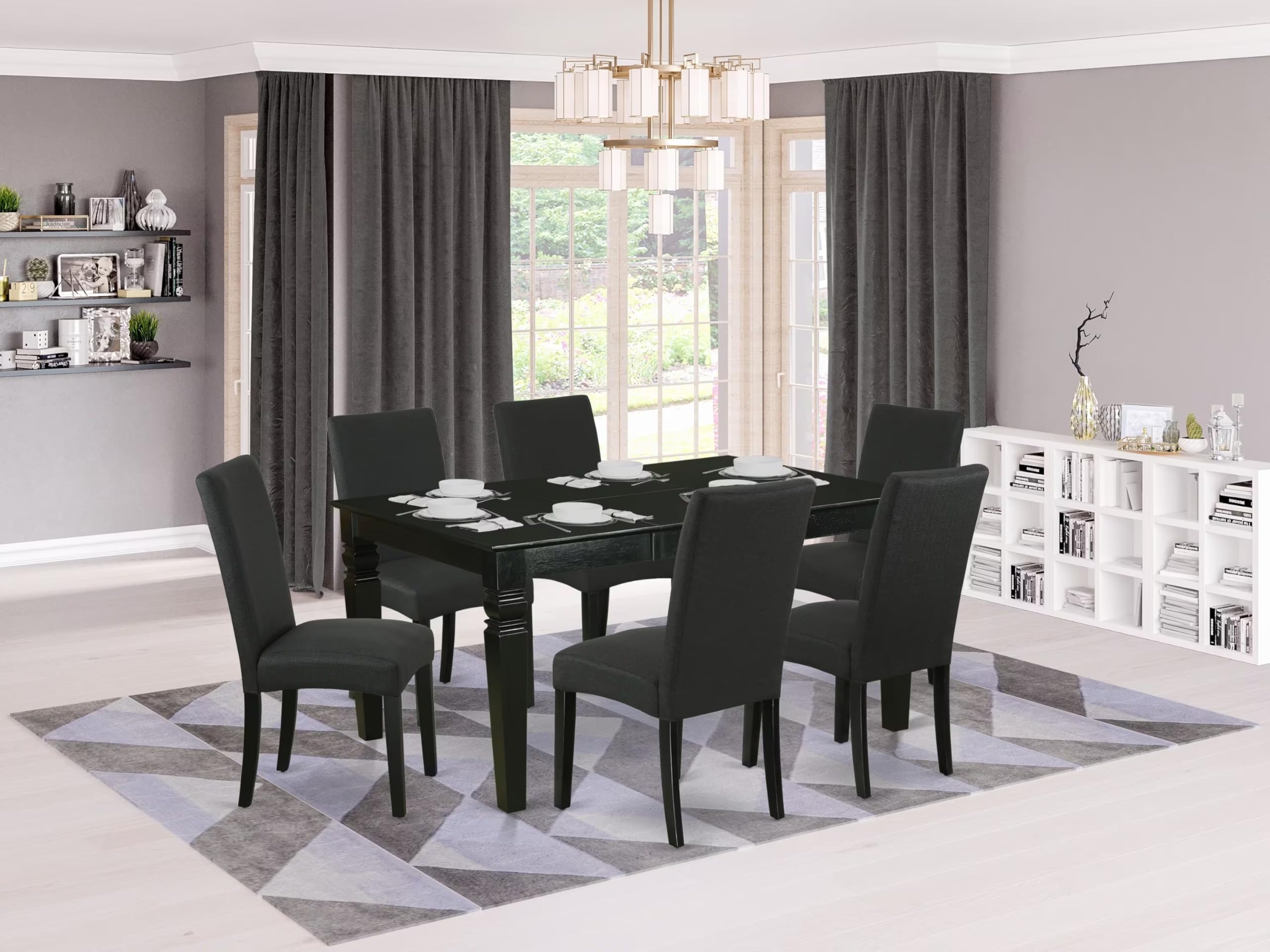 East West Furniture Wedr7-Blk-24 7 Piece Dining Set Consist Of A Rectangle Dining Room Table With Butterfly Leaf And 6 Black Color Linen Fabric Upholstered Chairs, 42X60 Inch, Black